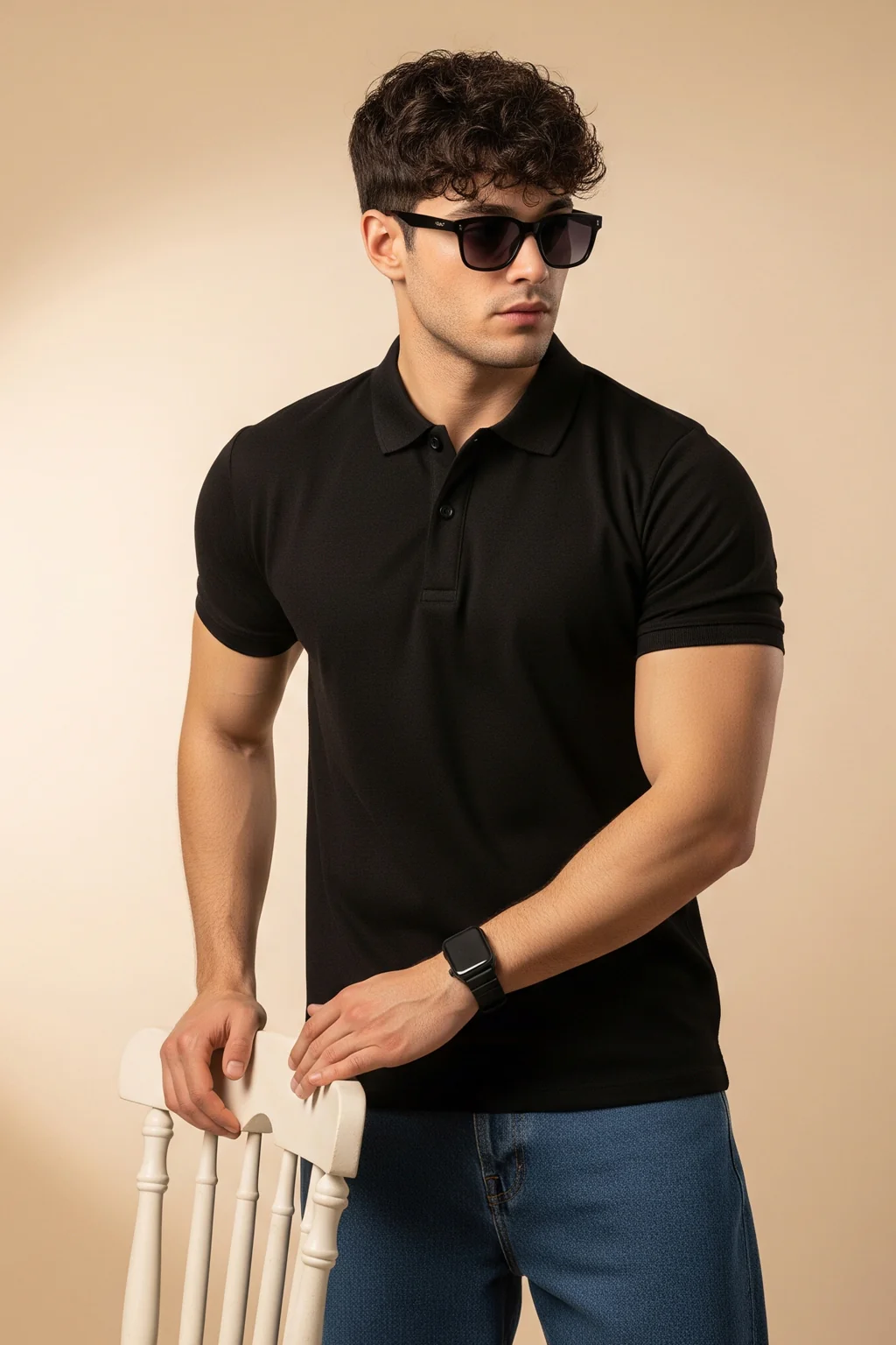 Black Plain Cotton Regular Fit Polo T-shirt - Image 3