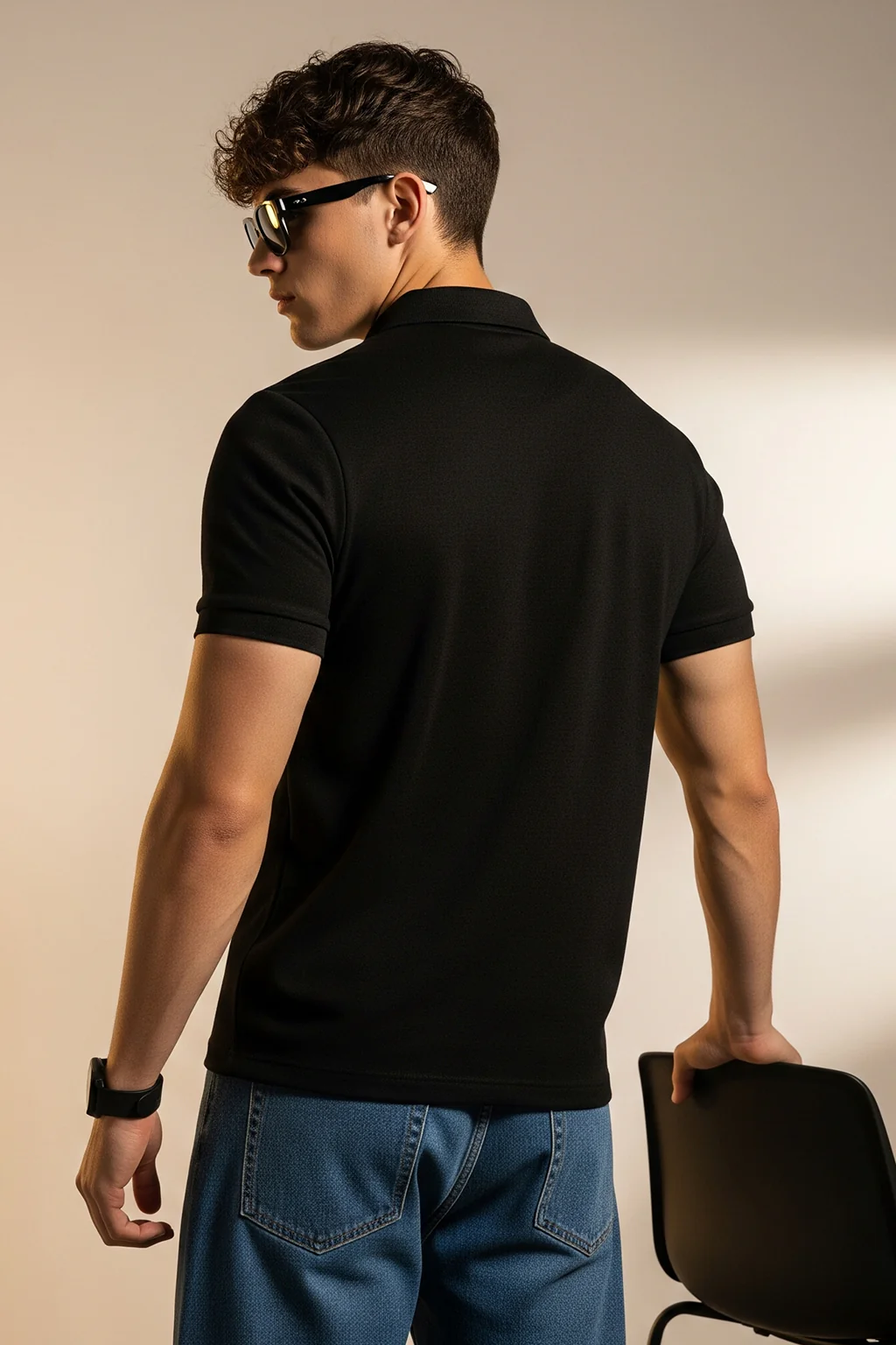 Black Plain Cotton Regular Fit Polo T-shirt - Image 4