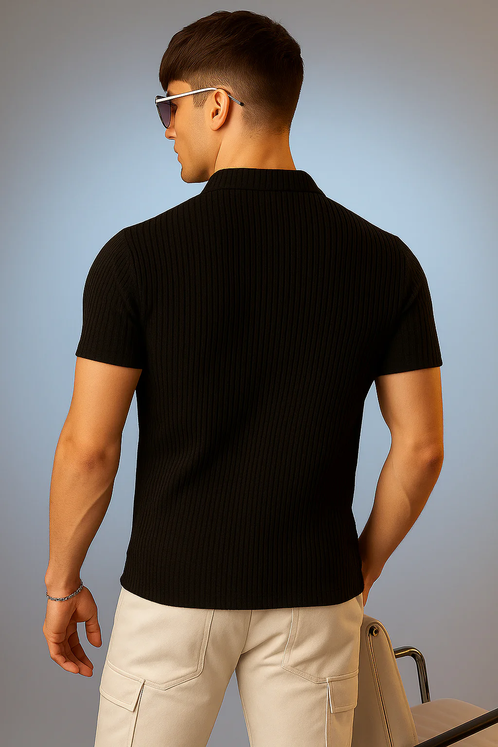 Black Textured Plain Regular Fit Button Polo T-shirt - Image 3