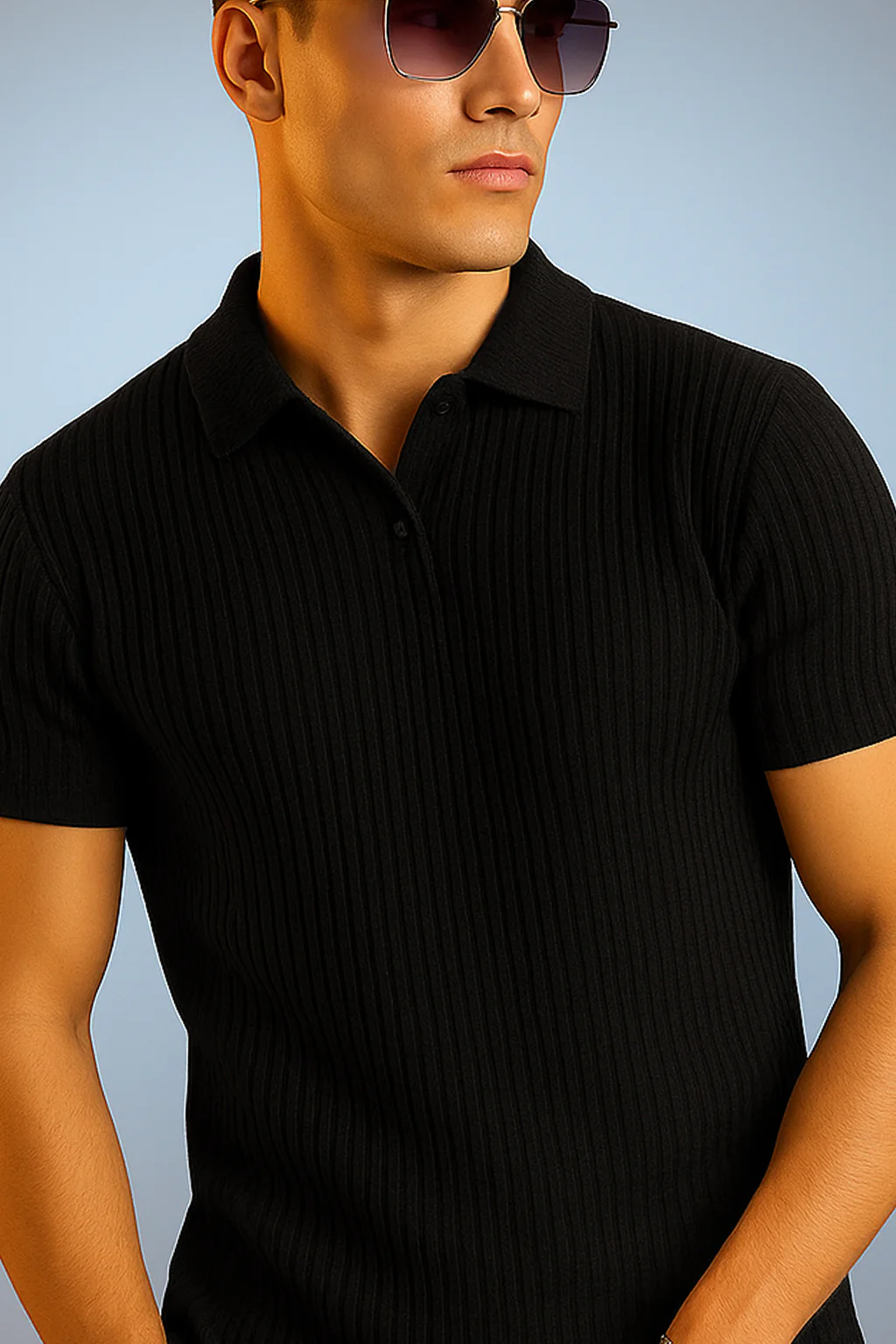 Black Textured Plain Regular Fit Button Polo T-shirt - Image 4