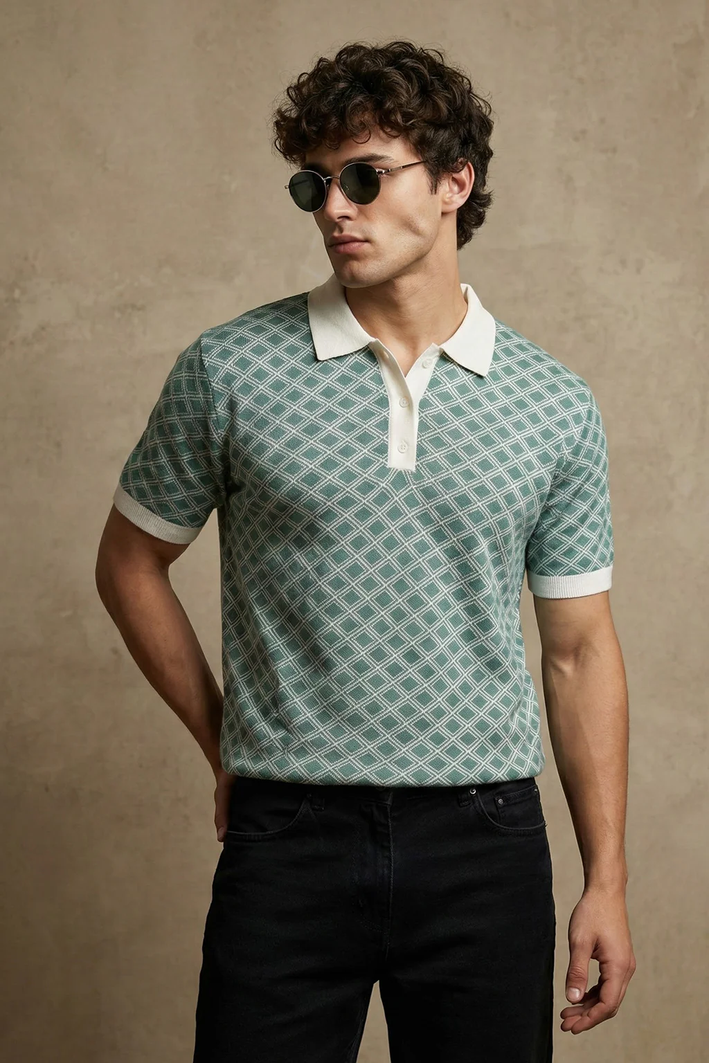 Blue Flatknit Textured Loose Fit Exclusive Polo T-Shirt - Image 4