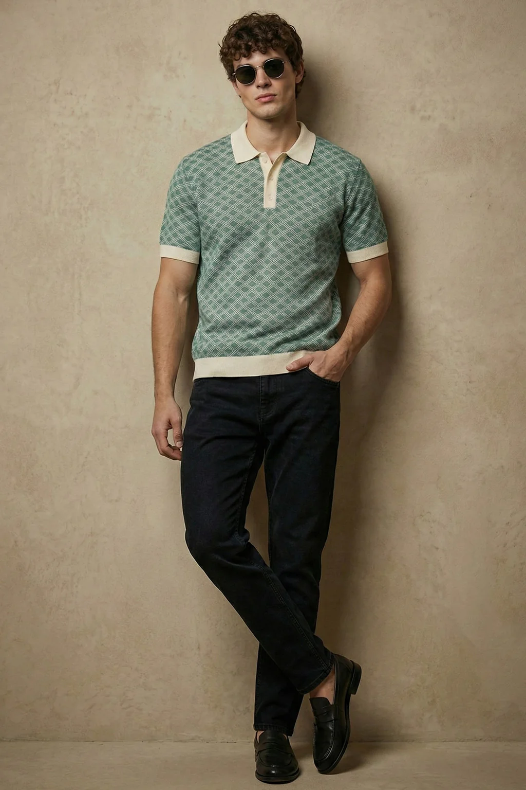 Blue Flatknit Textured Loose Fit Exclusive Polo T-Shirt - Image 5