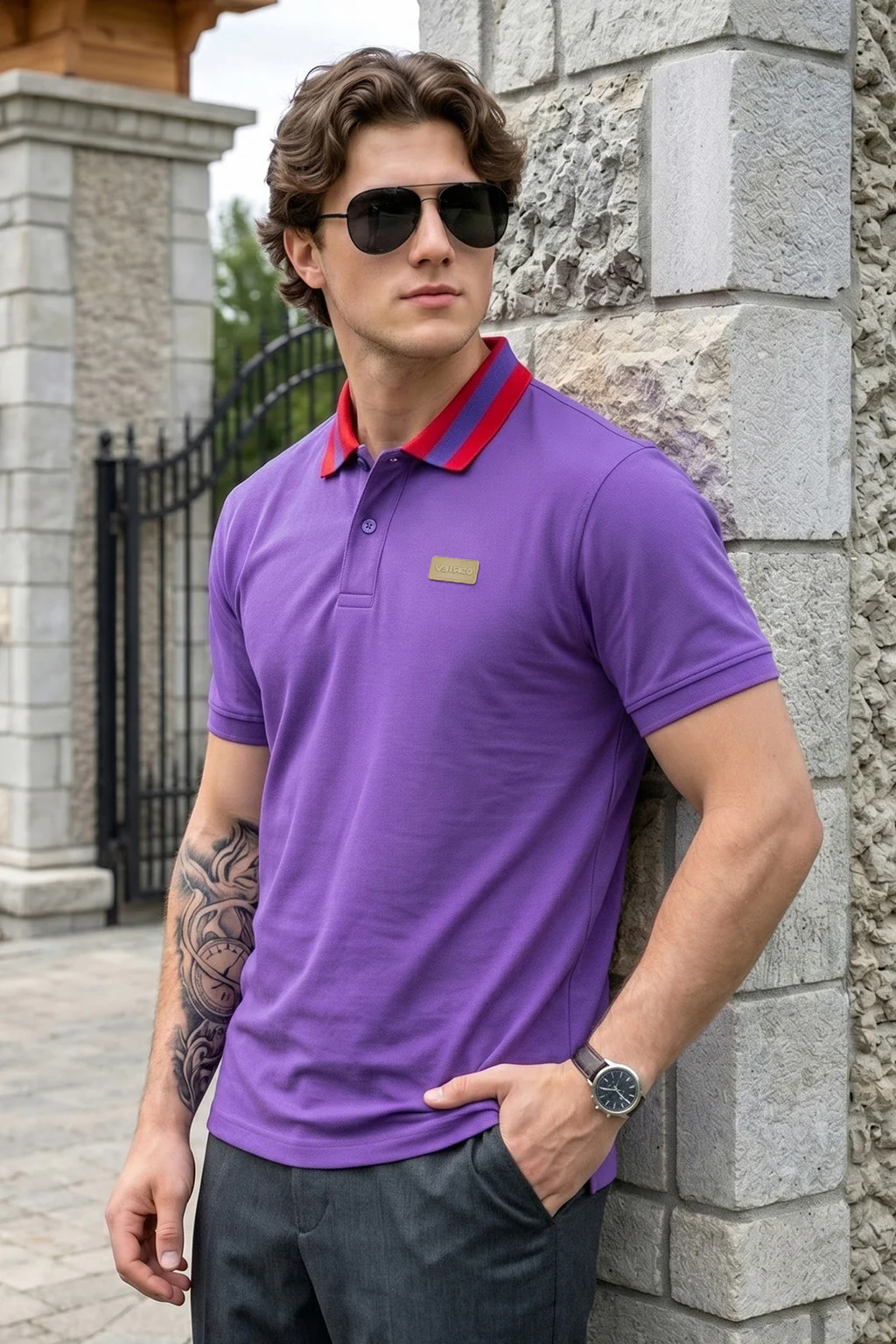Blue Iris Contrast Collar Regular Fit Exclusive Pique Lycra Polo T-Shirt - Image 4