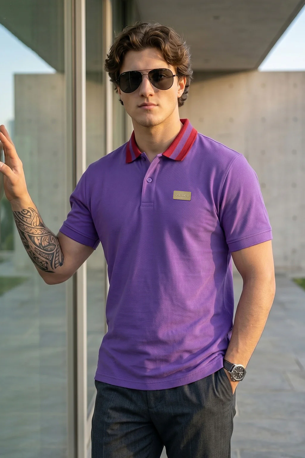 Blue Iris Contrast Collar Regular Fit Exclusive Pique Lycra Polo T-Shirt - Image 5