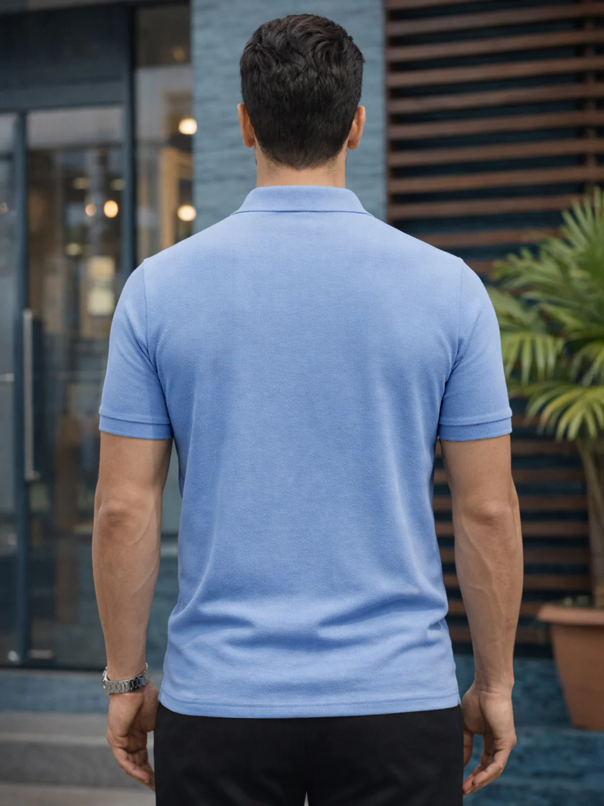 Blue Pique Plain Regular Fit Zipper Polo T-shirt - Image 3