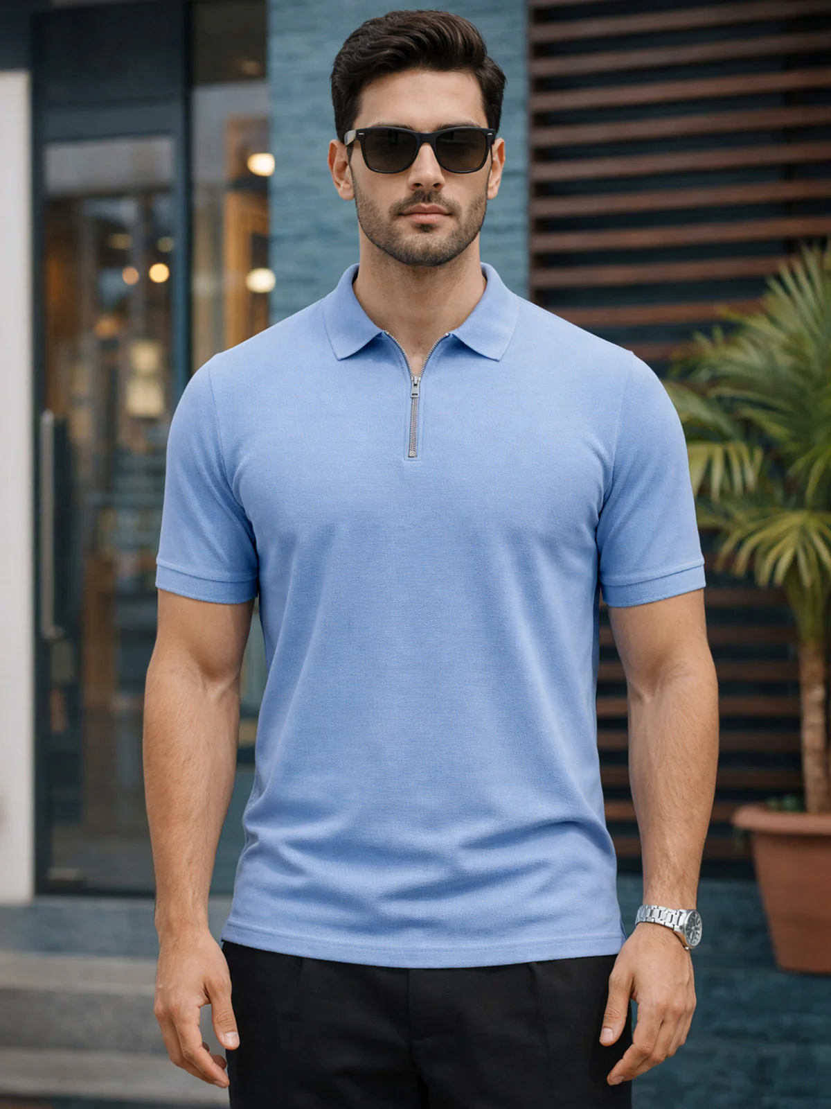 Blue Pique Plain Regular Fit Zipper Polo T-shirt - Image 4