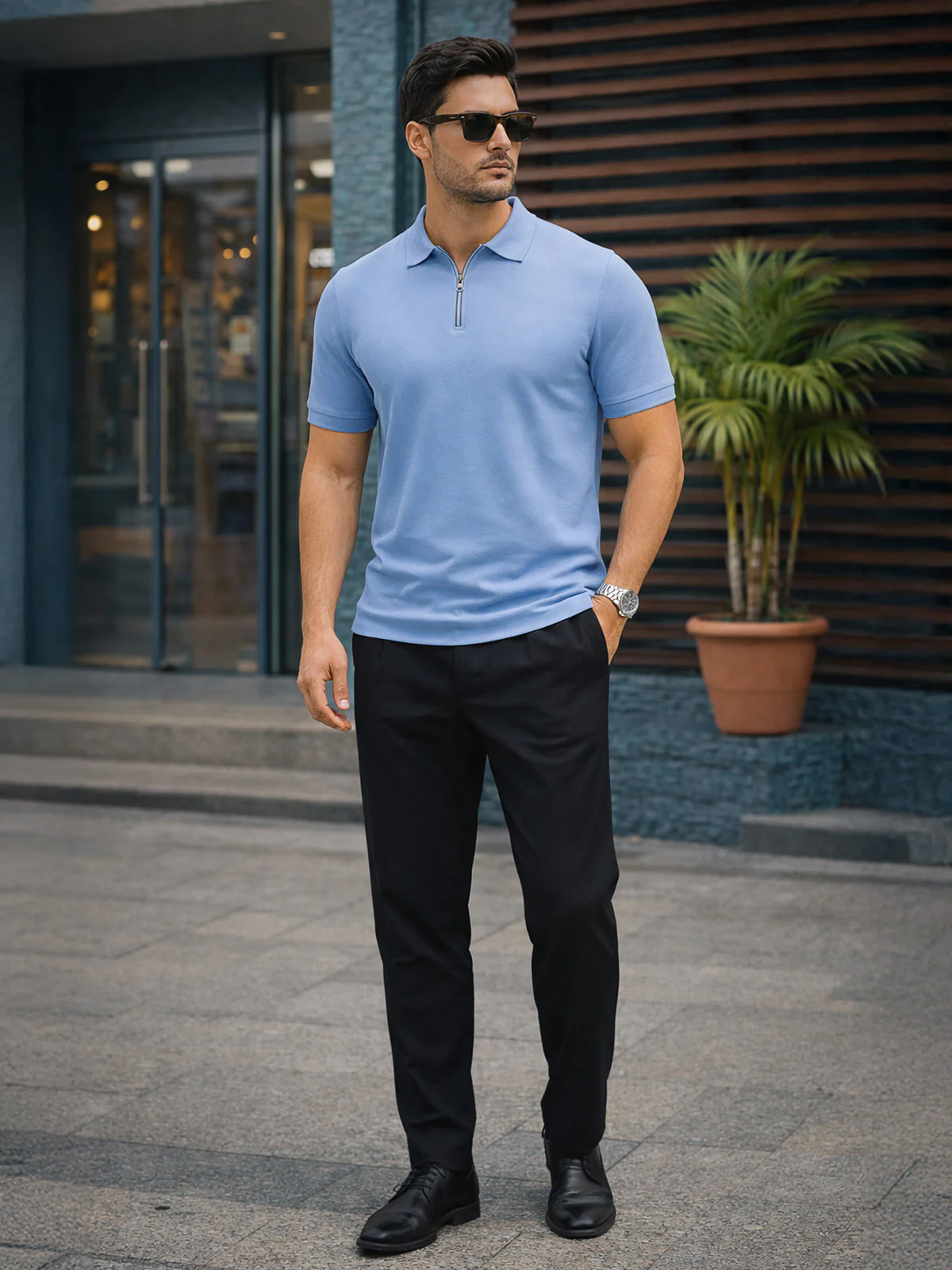 Blue Pique Plain Regular Fit Zipper Polo T-shirt - Image 7