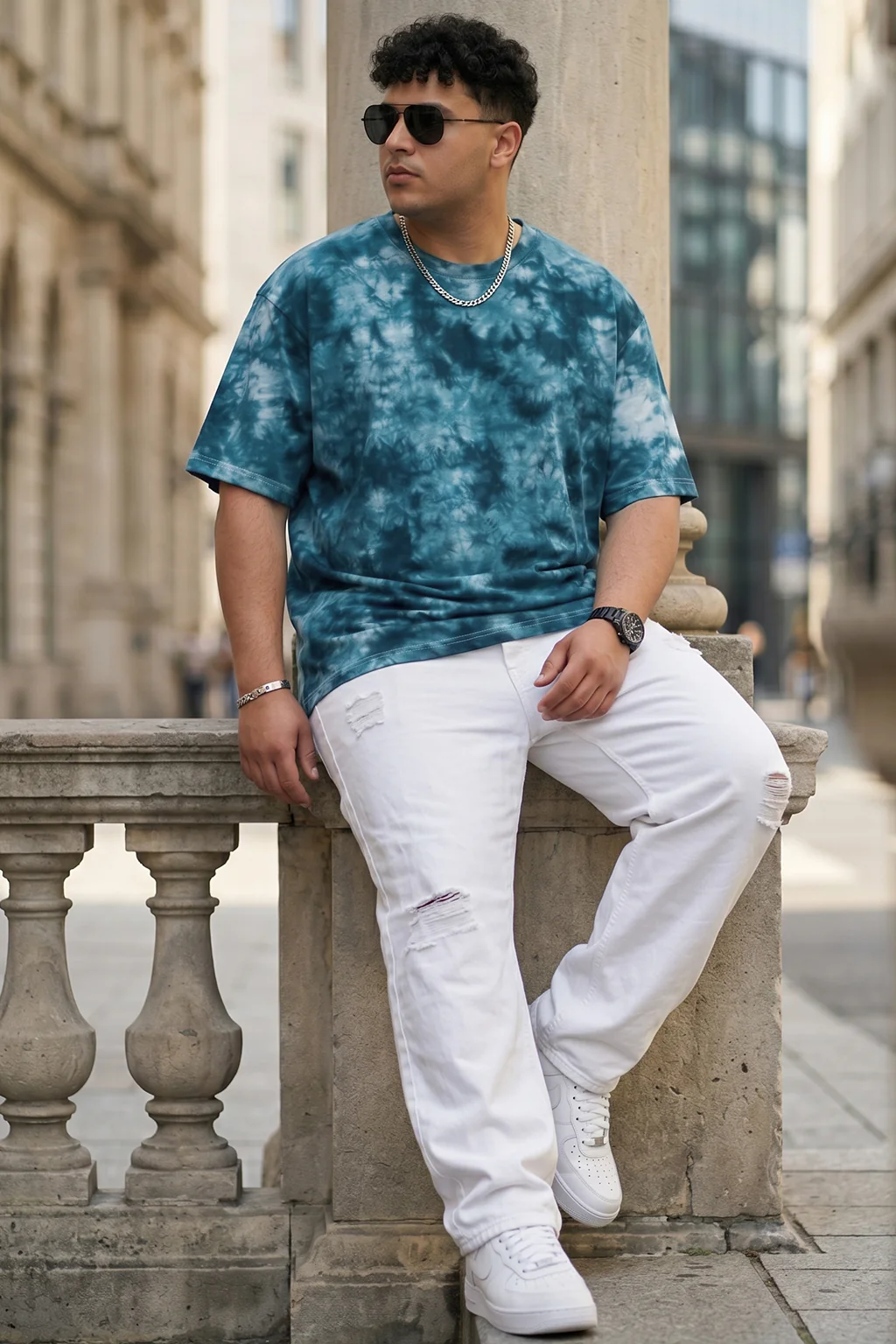 Blue Tie-Die Printed Plus Size T-shirt - Image 5