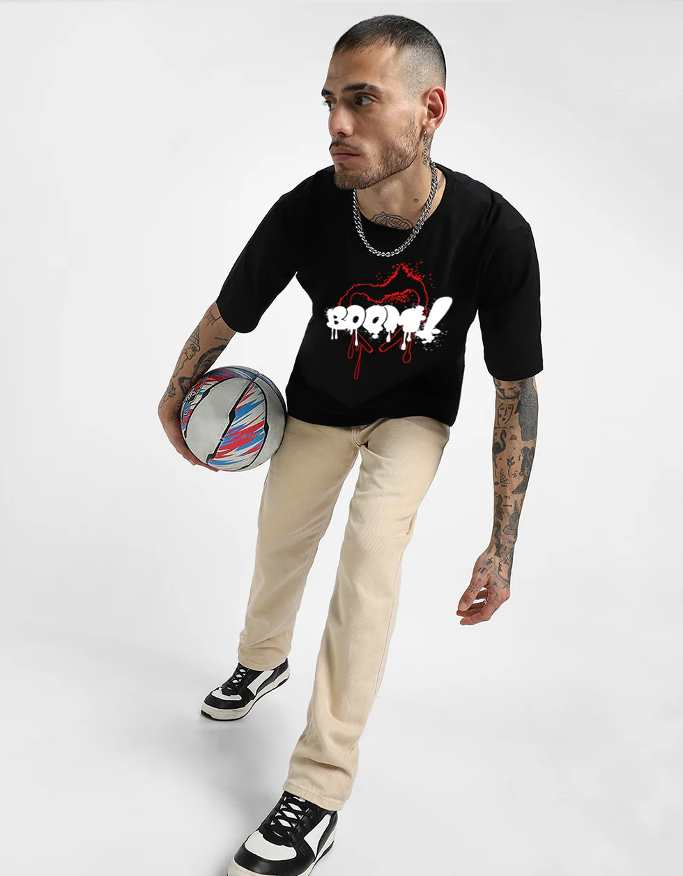 Boom Black Oversized Chest Typographic Printed T-shirt - Image 5