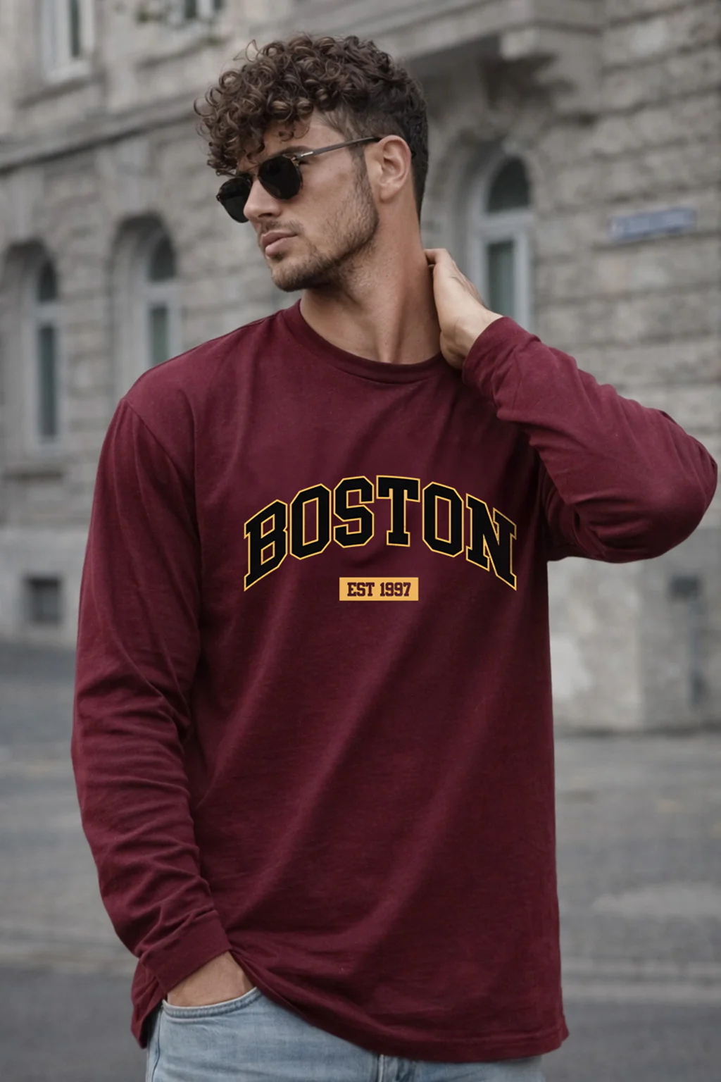 Boston Maroon Full Sleeves Regular Fit Printed T-shirt - Image 4