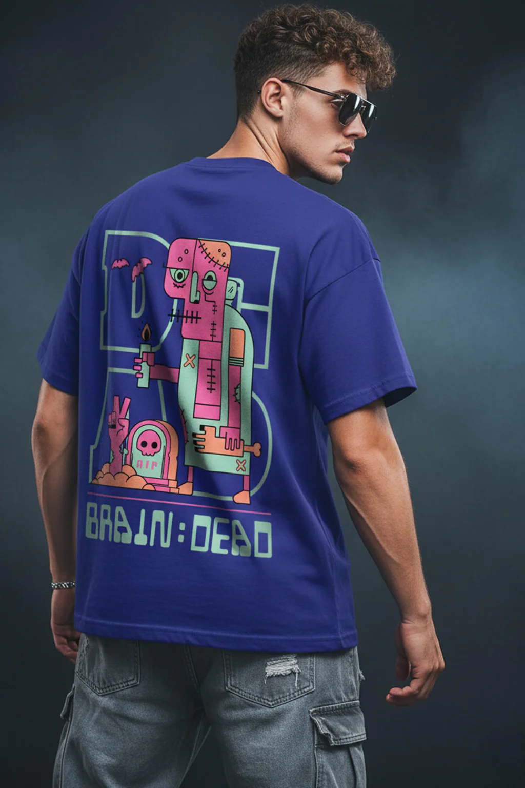Braindead Royal Blue Oversized Printed T-shirt - Image 2