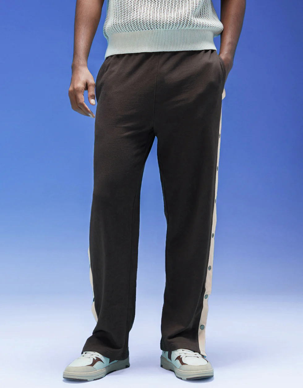 Brown and Beige Side Stripe Button Detail Knitted Cargo - Image 2