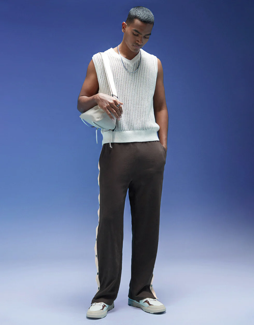 Brown and Beige Side Stripe Button Detail Knitted Cargo - Image 4