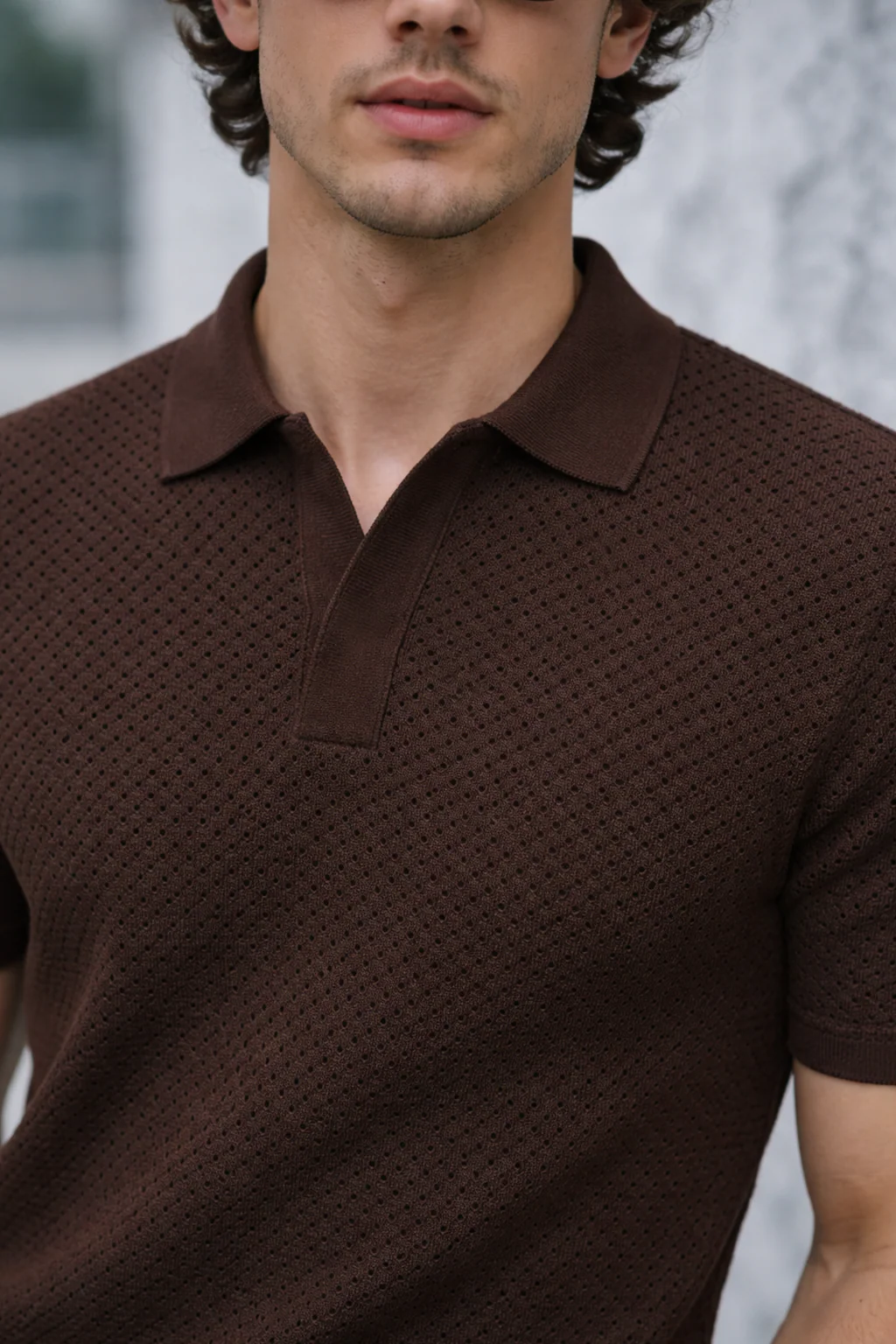 Brown Classic Micro Flatknit Textured Loose Fit Exclusive Polo T-Shirt - Image 2