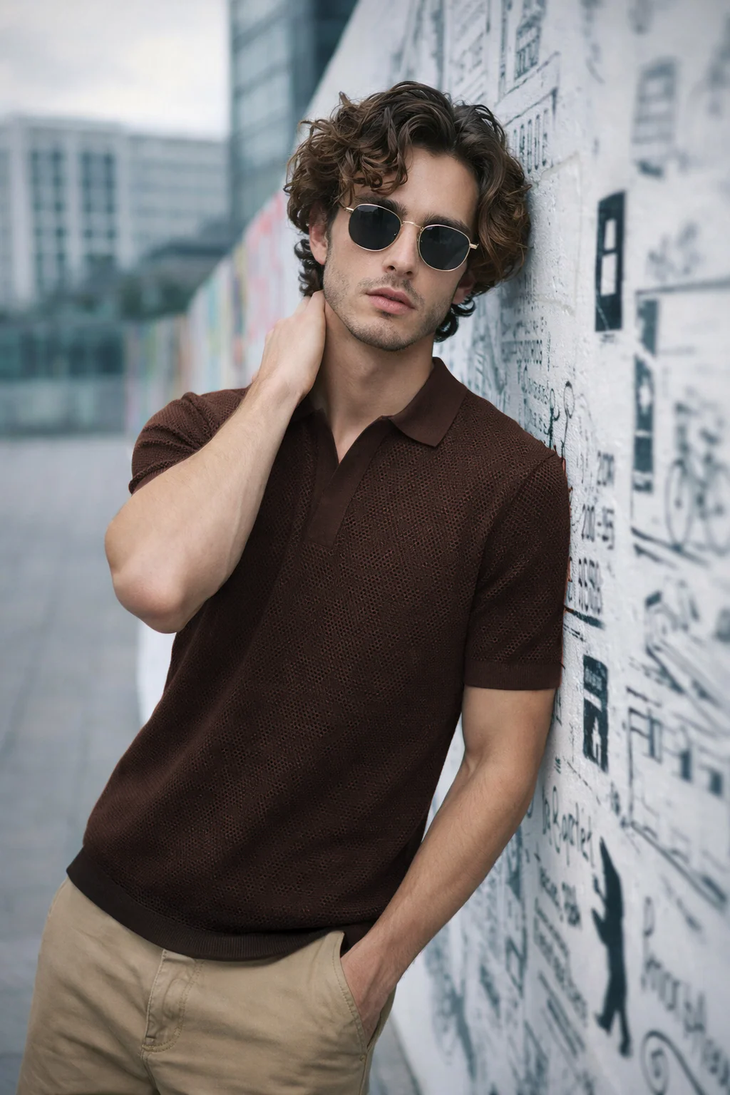 Brown Classic Micro Flatknit Textured Loose Fit Exclusive Polo T-Shirt - Image 3