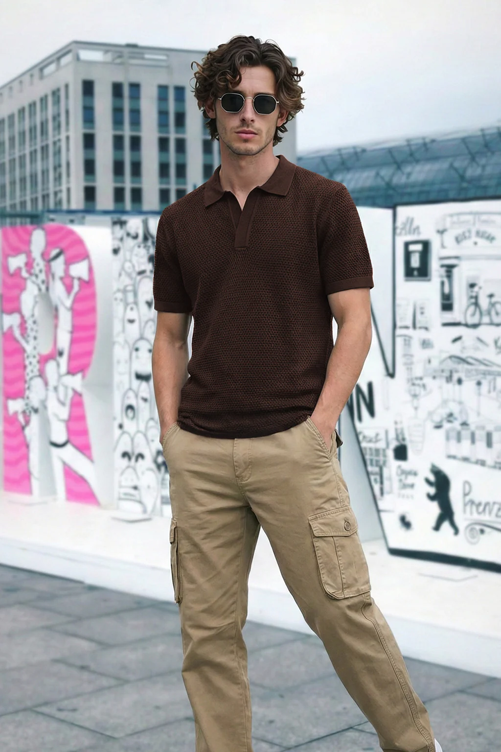 Brown Classic Micro Flatknit Textured Loose Fit Exclusive Polo T-Shirt - Image 5