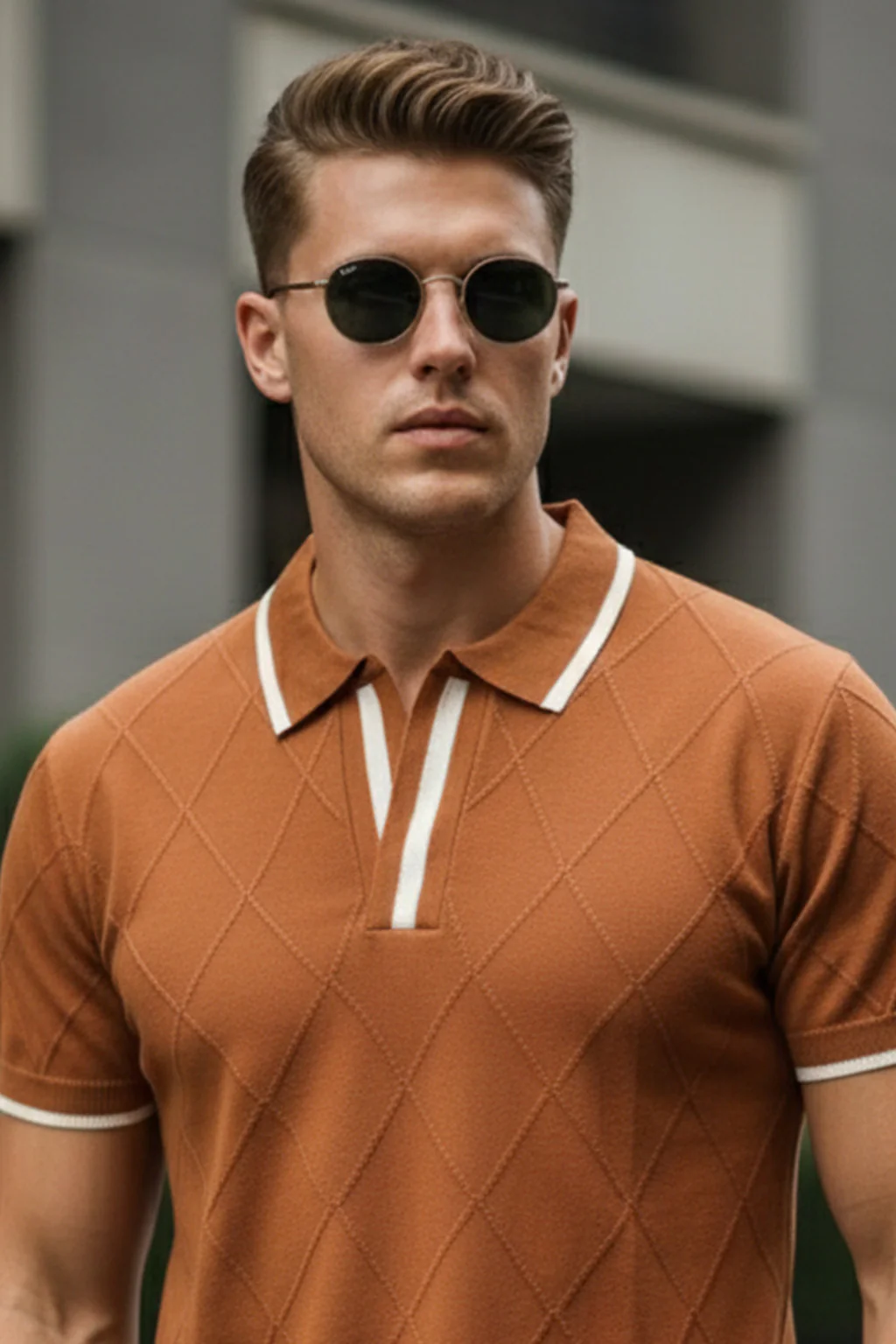 Brown Diamond Wave Flatknit Textured Regular Fit Exclusive Polo T-Shirt - Image 2