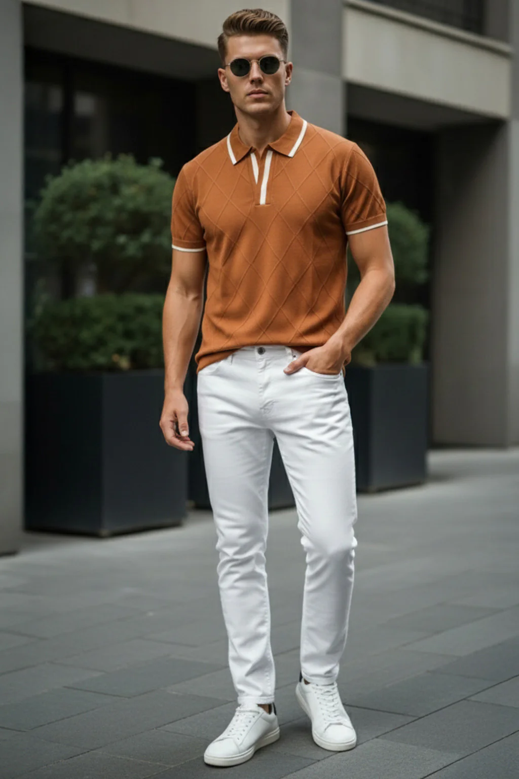 Brown Diamond Wave Flatknit Textured Regular Fit Exclusive Polo T-Shirt - Image 4