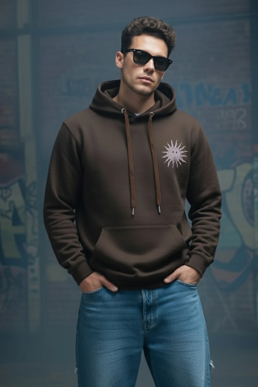 Brandy Bliss: Chic Brown Sun Men's Regular Fit Hoodie - Image 6