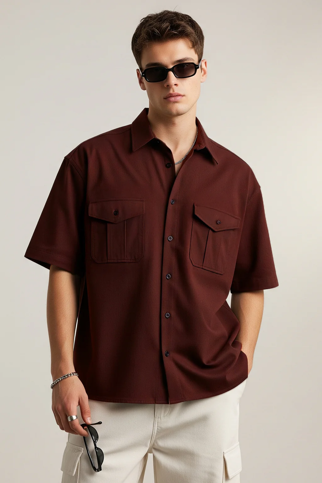 Brown Oversized Half Sleeve Dual Pocket Utility Exclusive Shirt - Image 3