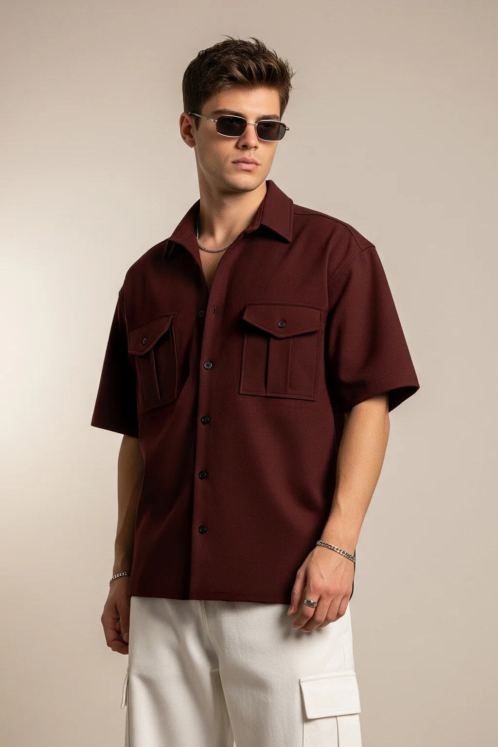 Brown Oversized Half Sleeve Dual Pocket Utility Exclusive Shirt - Image 4