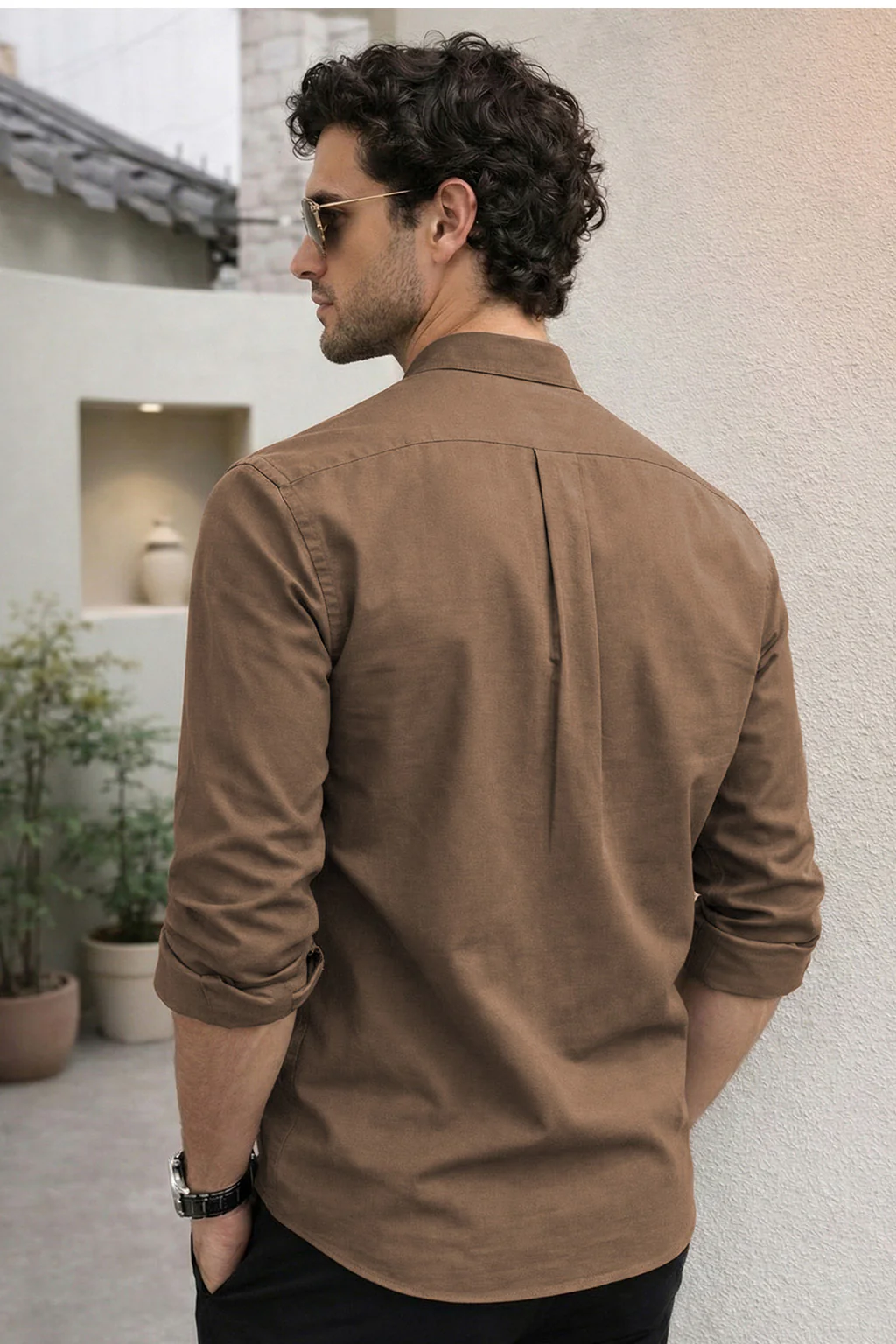 Brown Plain Regular Fit Chinese Collar Full Sleeve Exclusive Shirt - Image 3