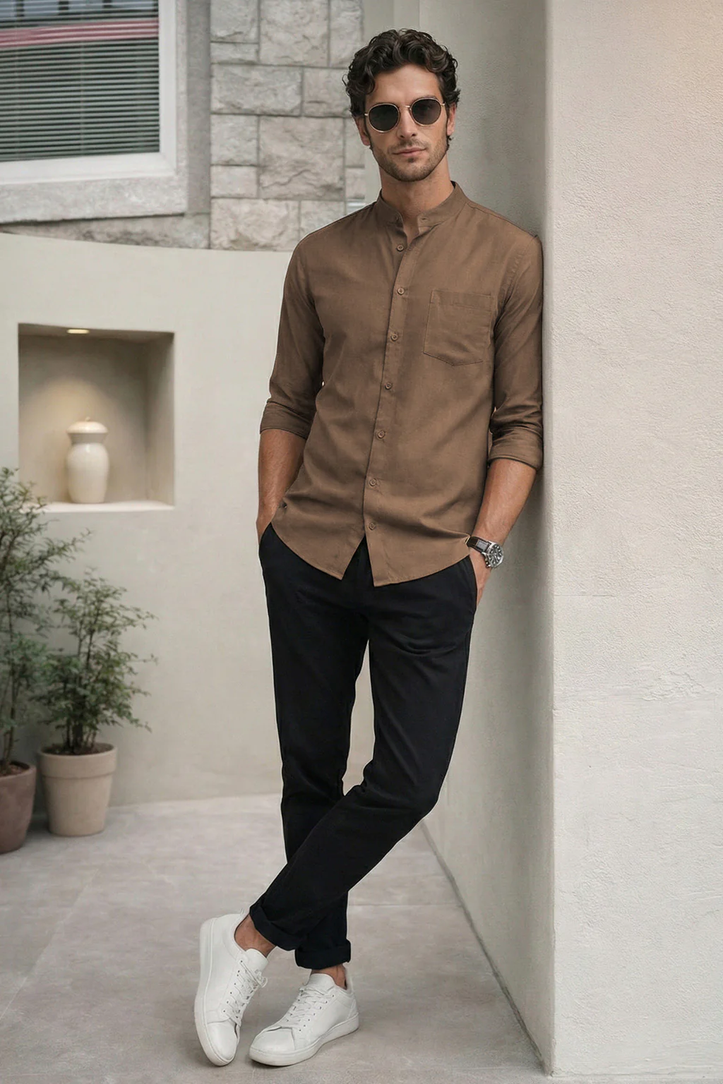 Brown Plain Regular Fit Chinese Collar Full Sleeve Exclusive Shirt - Image 4