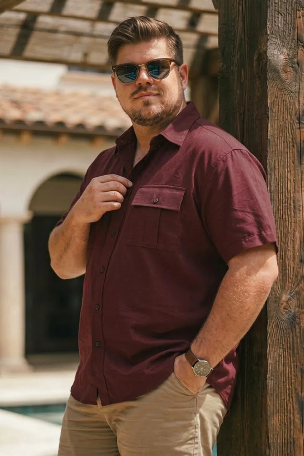 Brown Plus Size Half Sleeve Dual Pocket Utility Exclusive Shirt - Image 3