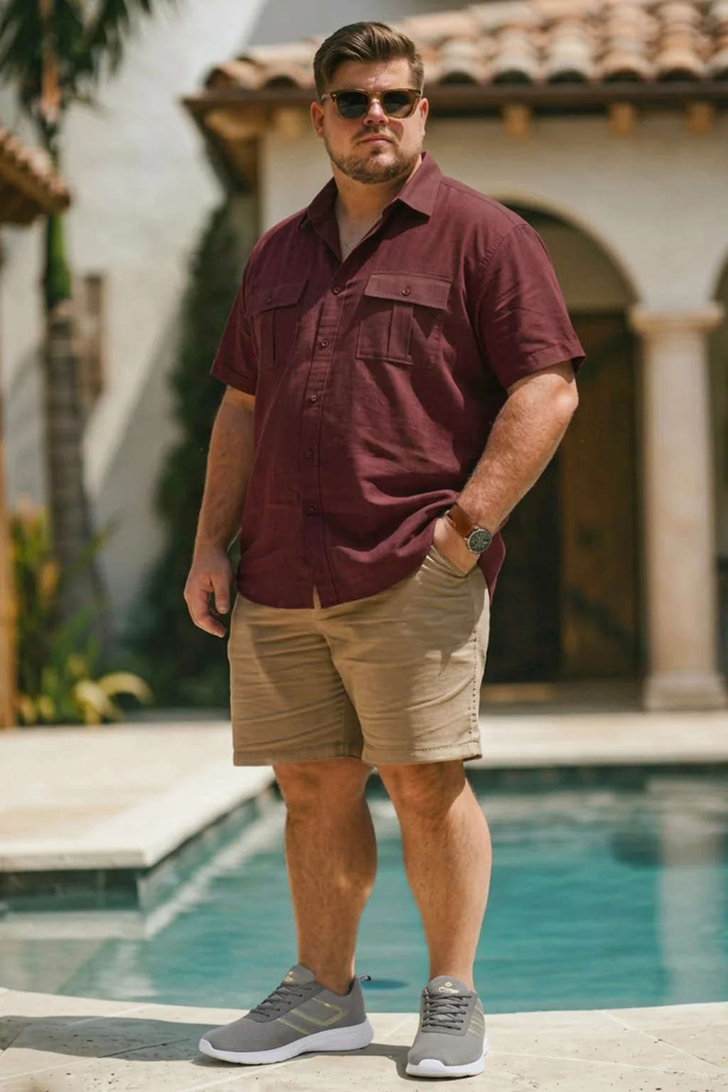 Brown Plus Size Half Sleeve Dual Pocket Utility Exclusive Shirt - Image 5
