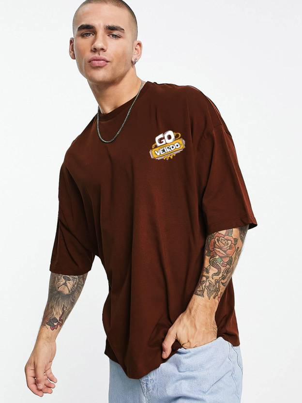 Go Veirdo Brown Oversized Pocket Graphic Printed T-shirt - Image 2