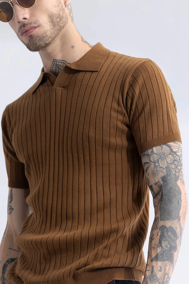 Brown Ribbed Flatknit Textured Regular Fit Exclusive Polo T-Shirt - Image 5
