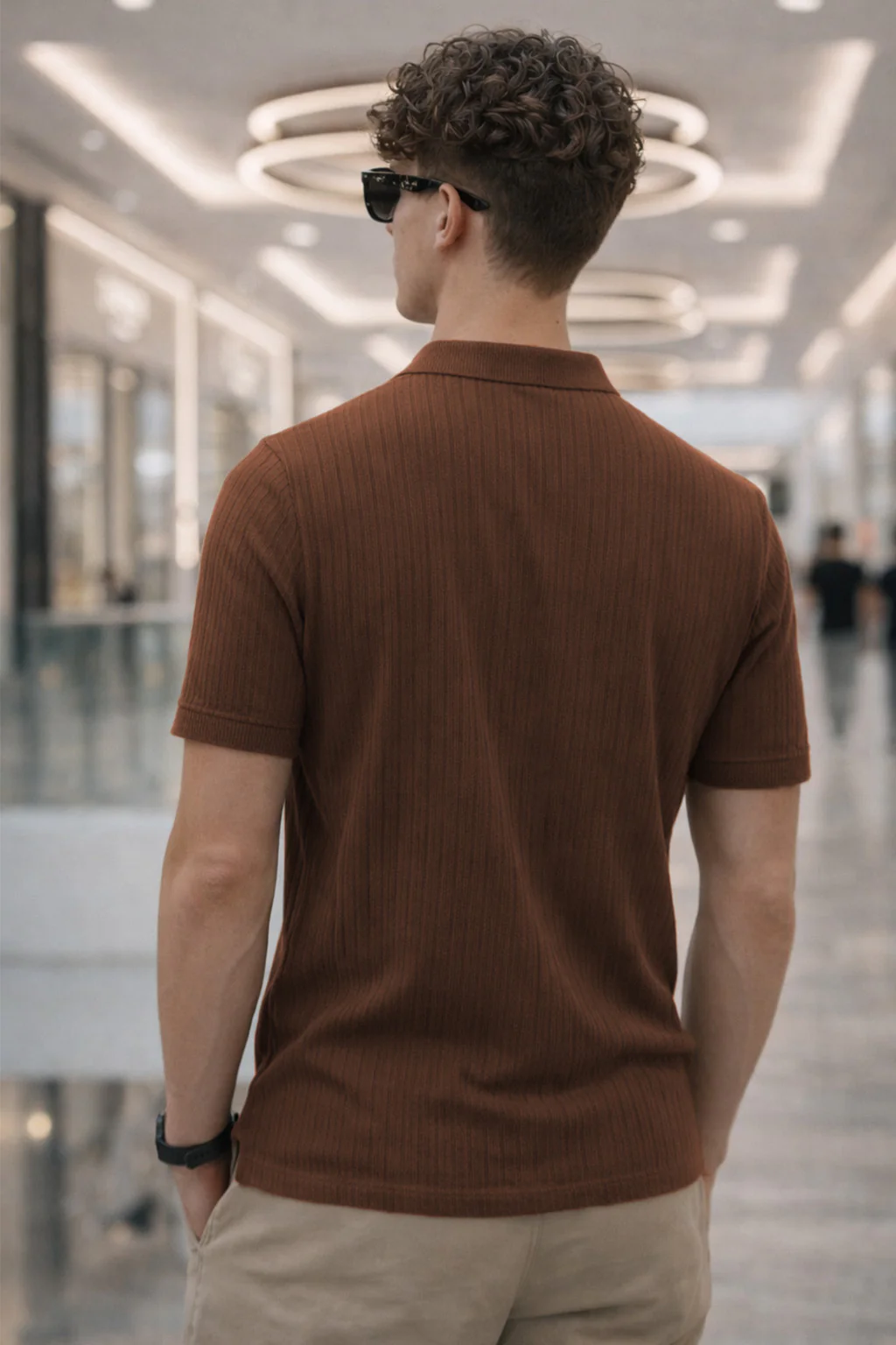 Dust Brown Ribknit Ribbed Plain Regular Fit Polo T-shirt - Image 2
