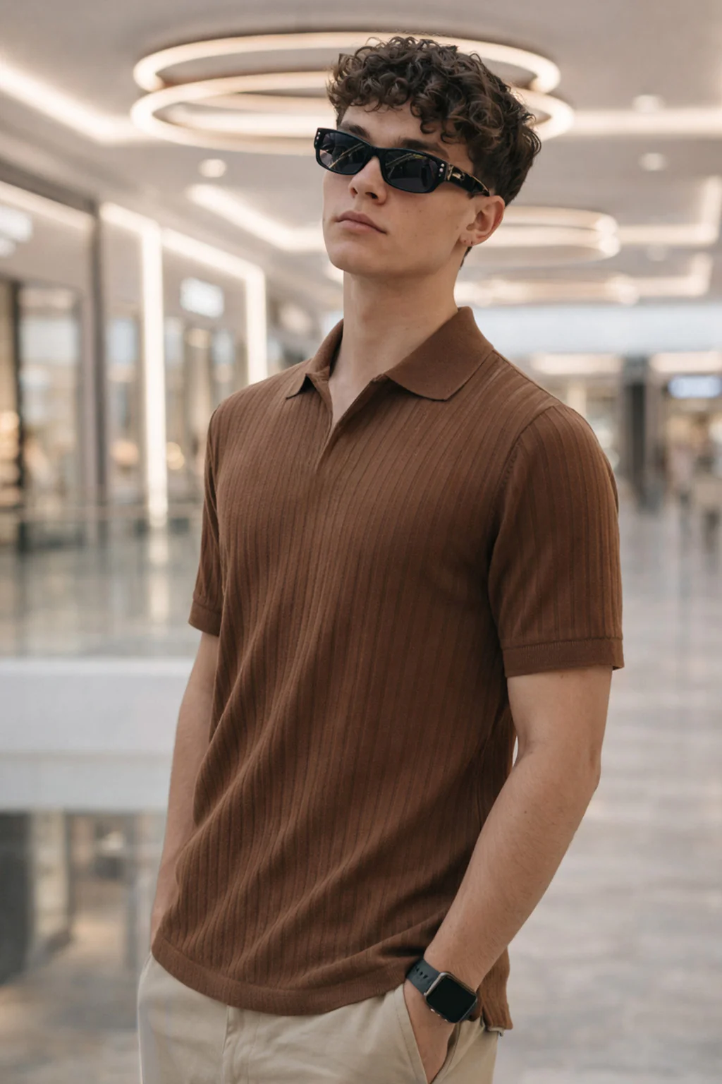Dust Brown Ribknit Ribbed Plain Regular Fit Polo T-shirt - Image 3