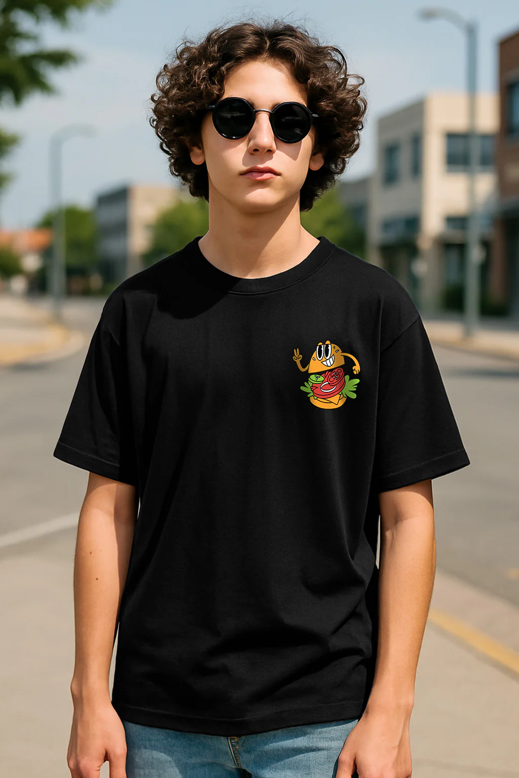 Burger Black Oversized Graphic Pocket Printed Boys T-shirt