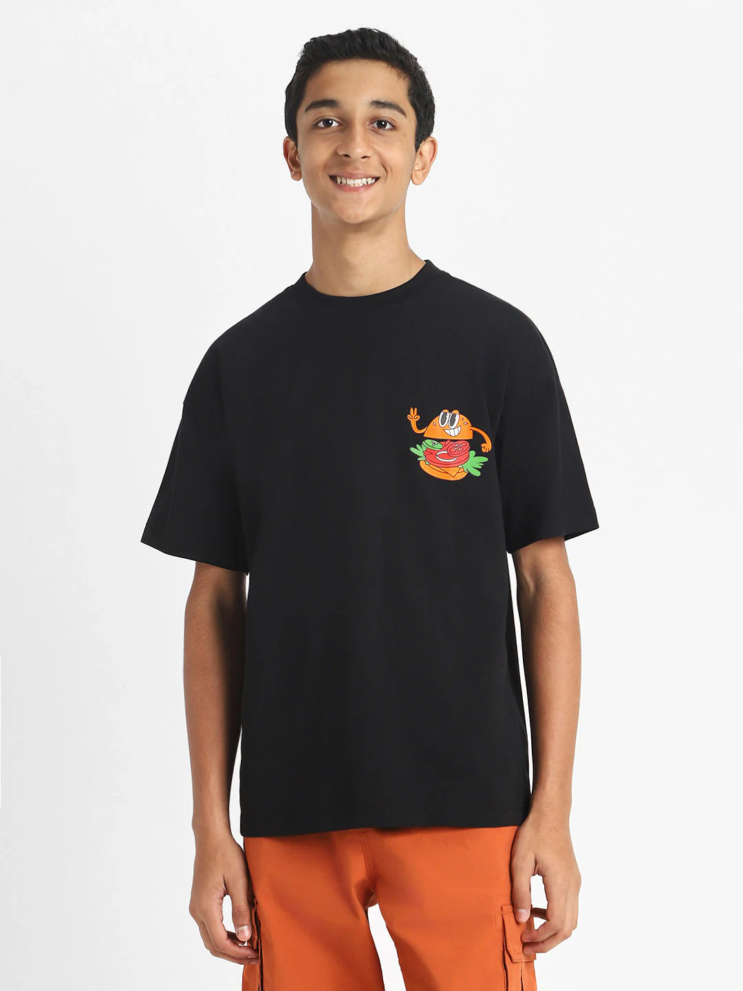 Burger Black Oversized Graphic Pocket Printed Boys T-shirt - Image 2