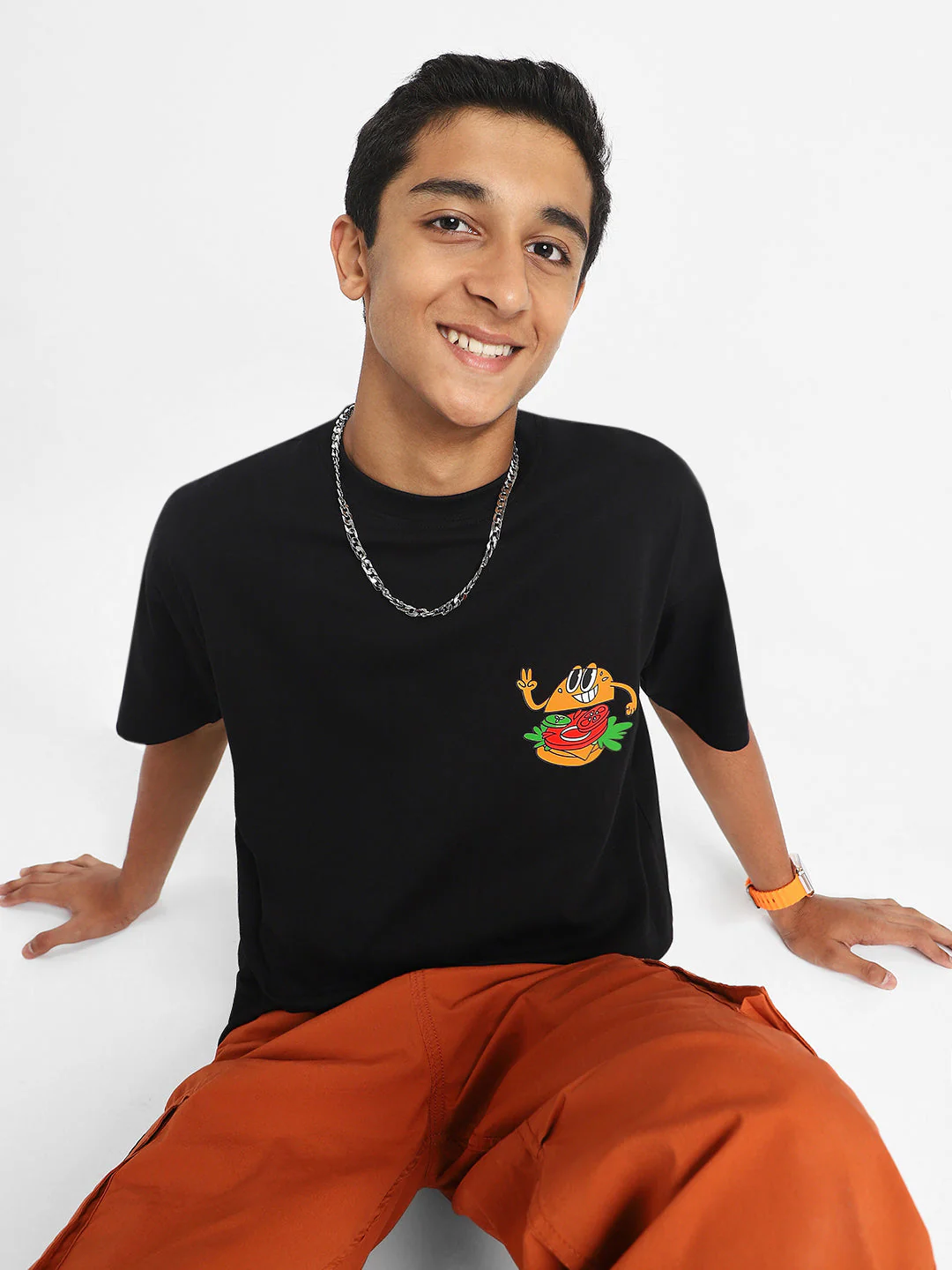 Burger Black Oversized Graphic Pocket Printed Boys T-shirt - Image 4