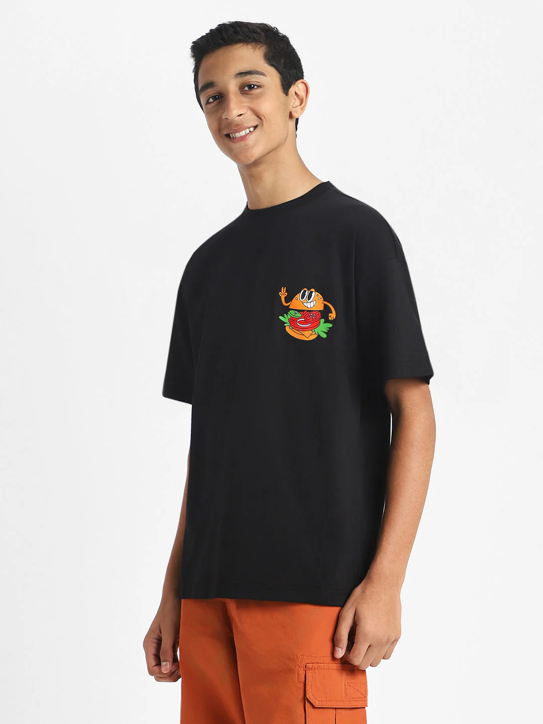 Burger Black Oversized Graphic Pocket Printed Boys T-shirt - Image 5