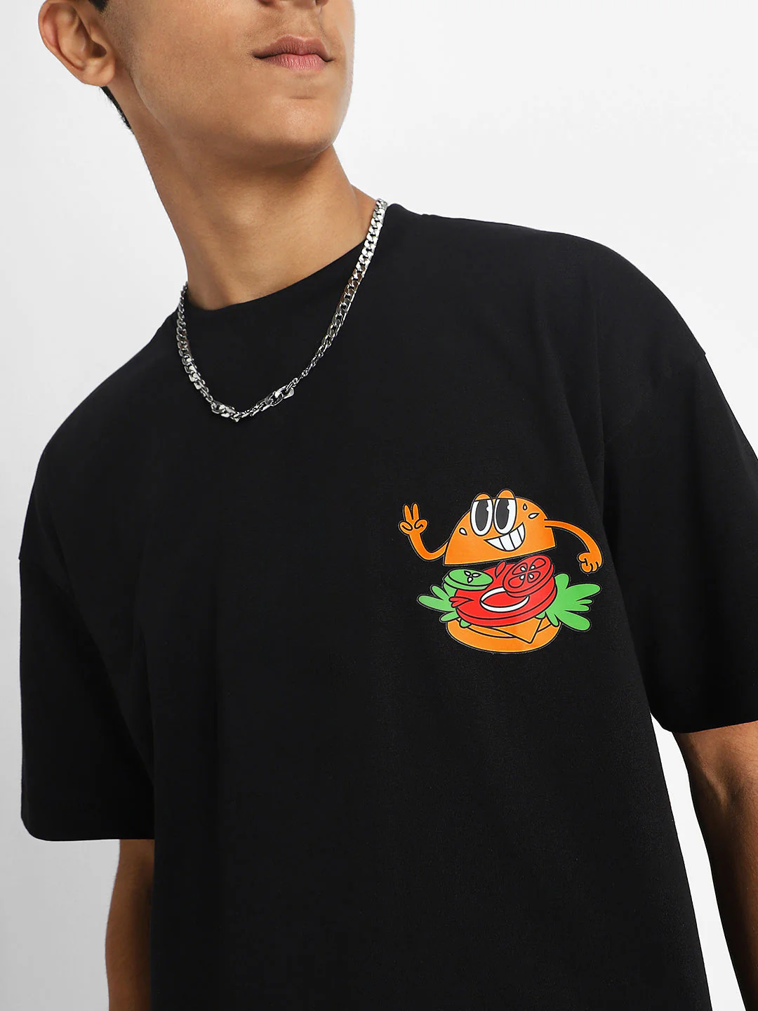 Burger Black Oversized Graphic Pocket Printed Boys T-shirt - Image 6