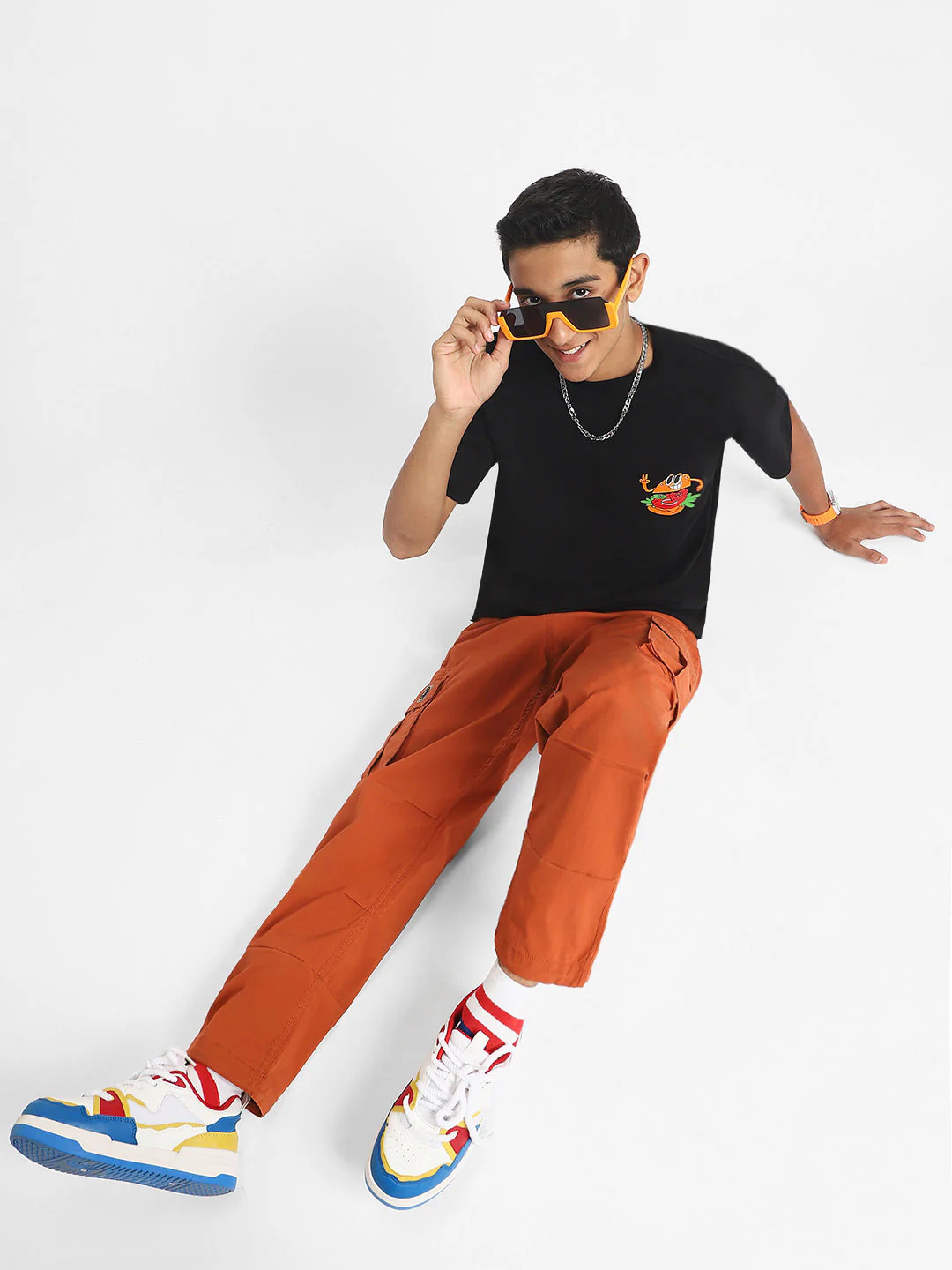 Burger Black Oversized Graphic Pocket Printed Boys T-shirt - Image 7