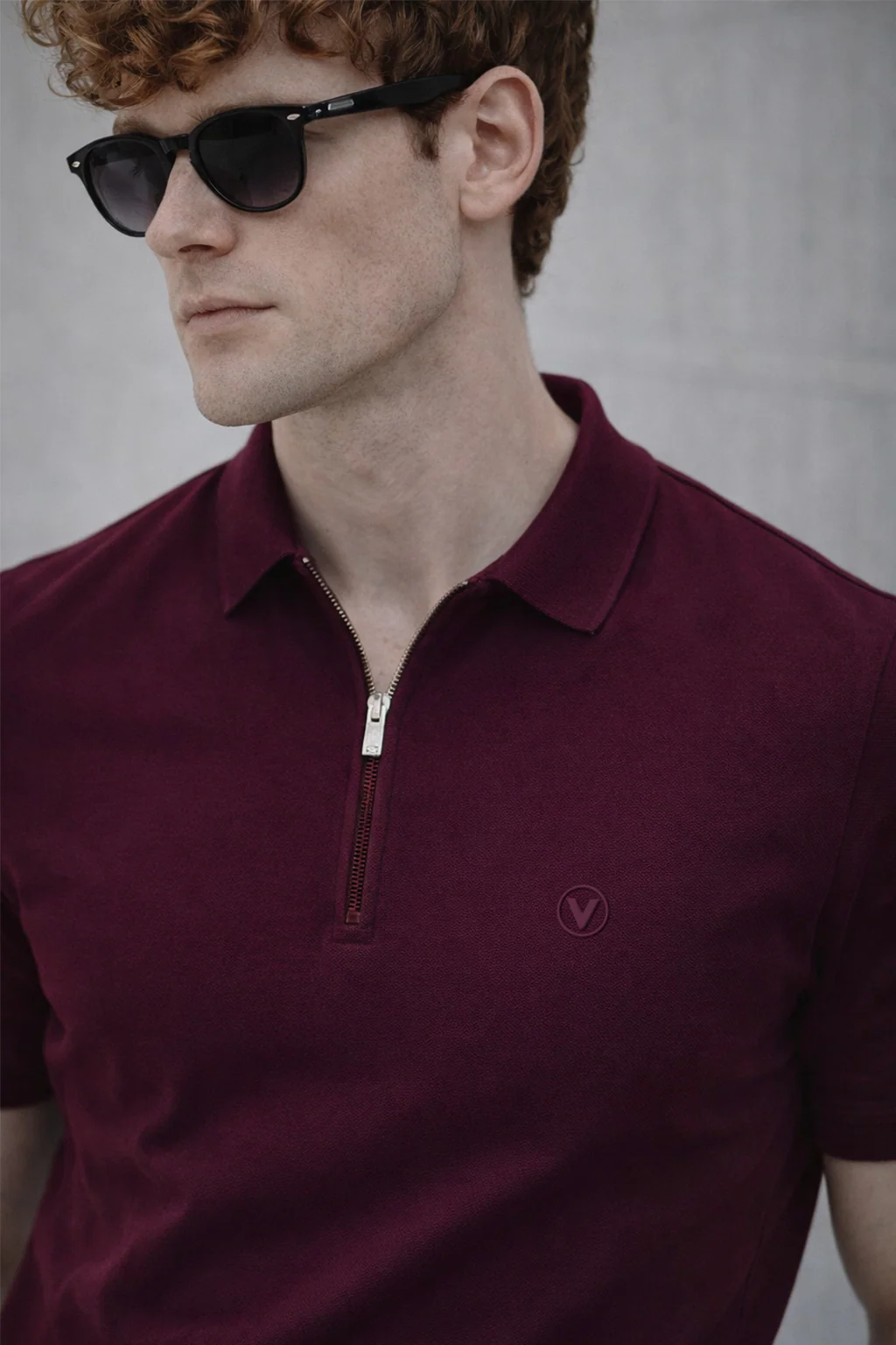 Burgundy Interlock Plain Regular Fit Zipper Polo T-shirt - Image 2