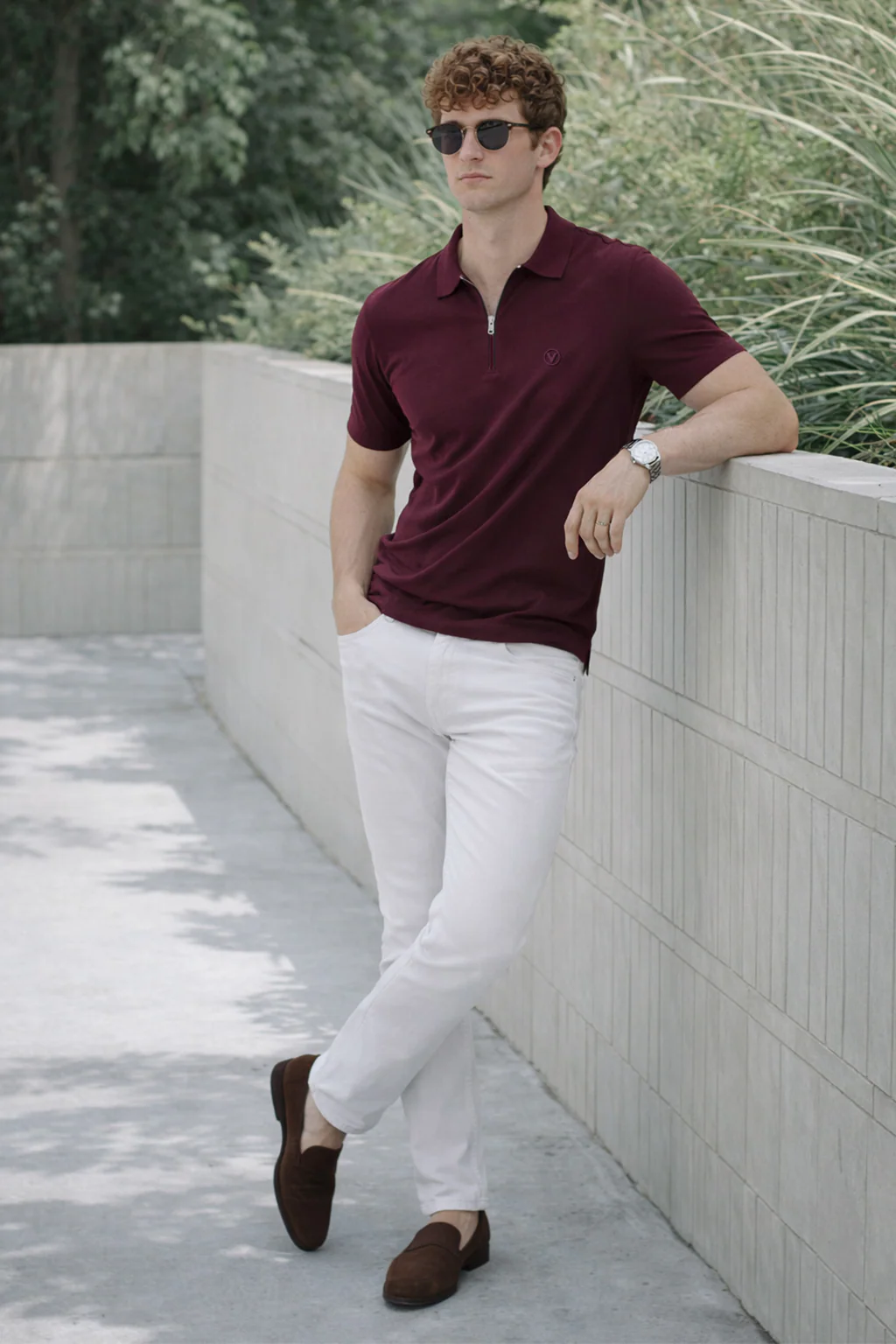 Burgundy Interlock Plain Regular Fit Zipper Polo T-shirt - Image 4