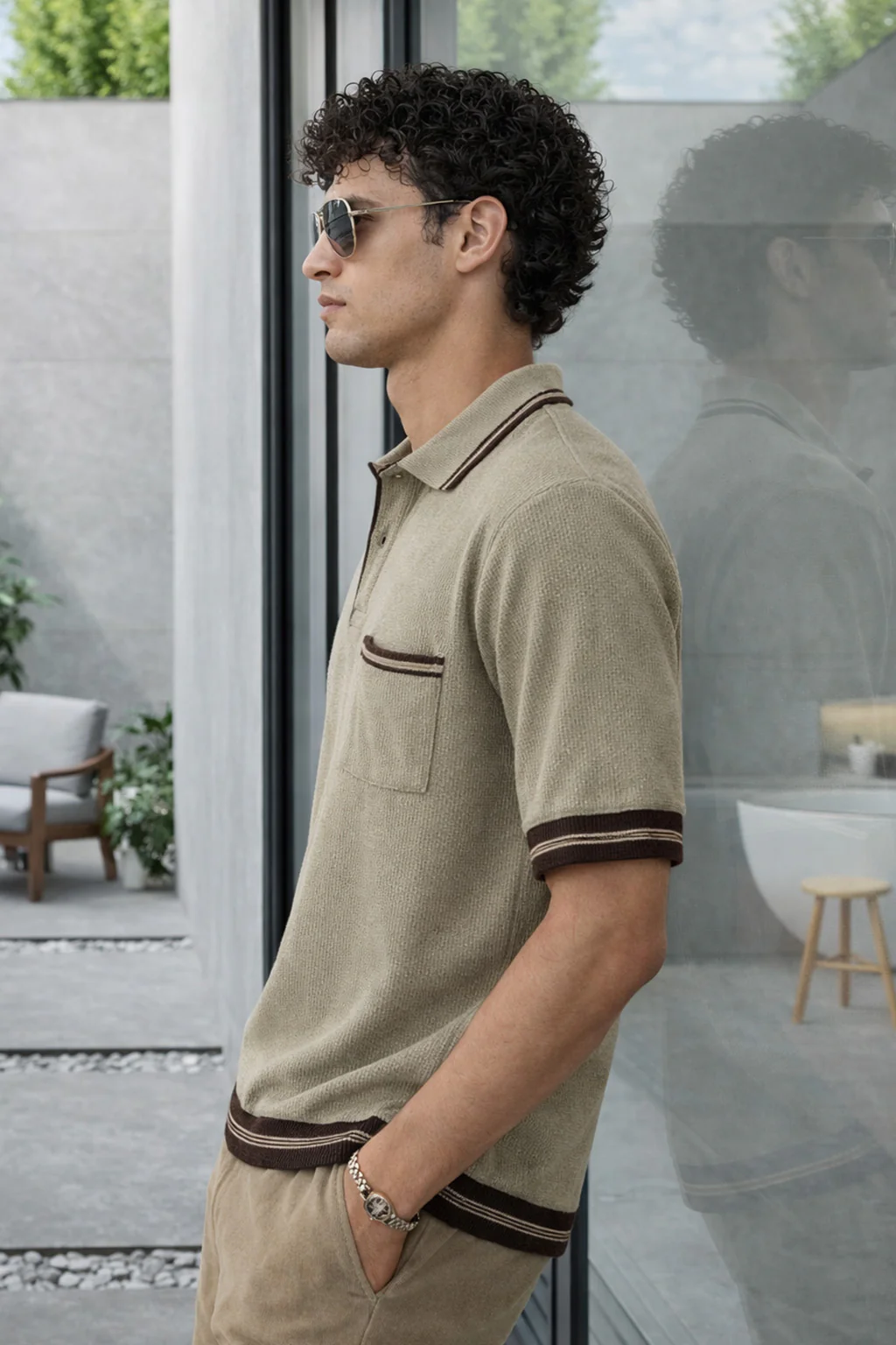 Cappuccino Contrast Beige Flatknit Textured Regular Fit Exclusive Polo T-Shirt - Image 3