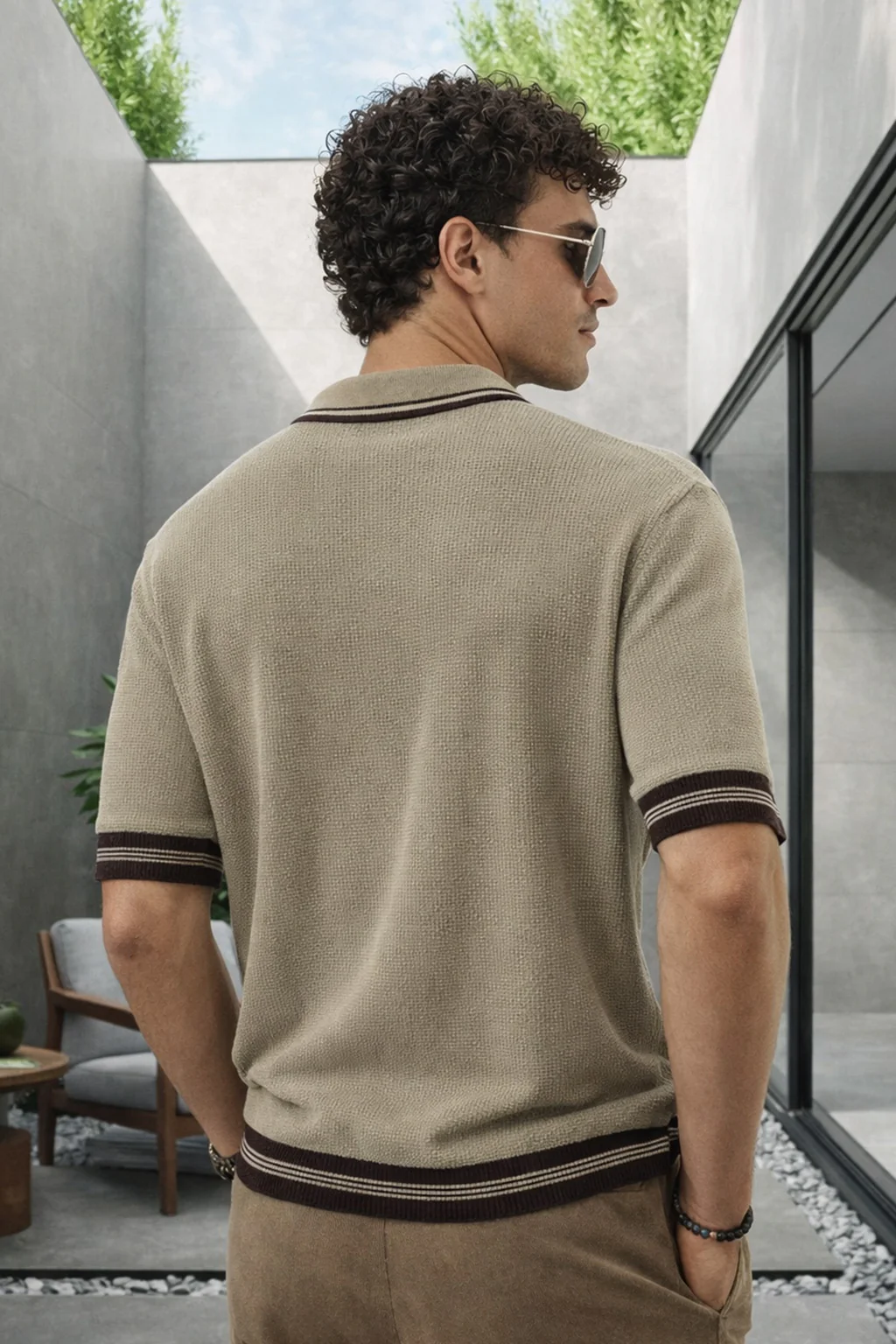 Cappuccino Contrast Beige Flatknit Textured Regular Fit Exclusive Polo T-Shirt - Image 4