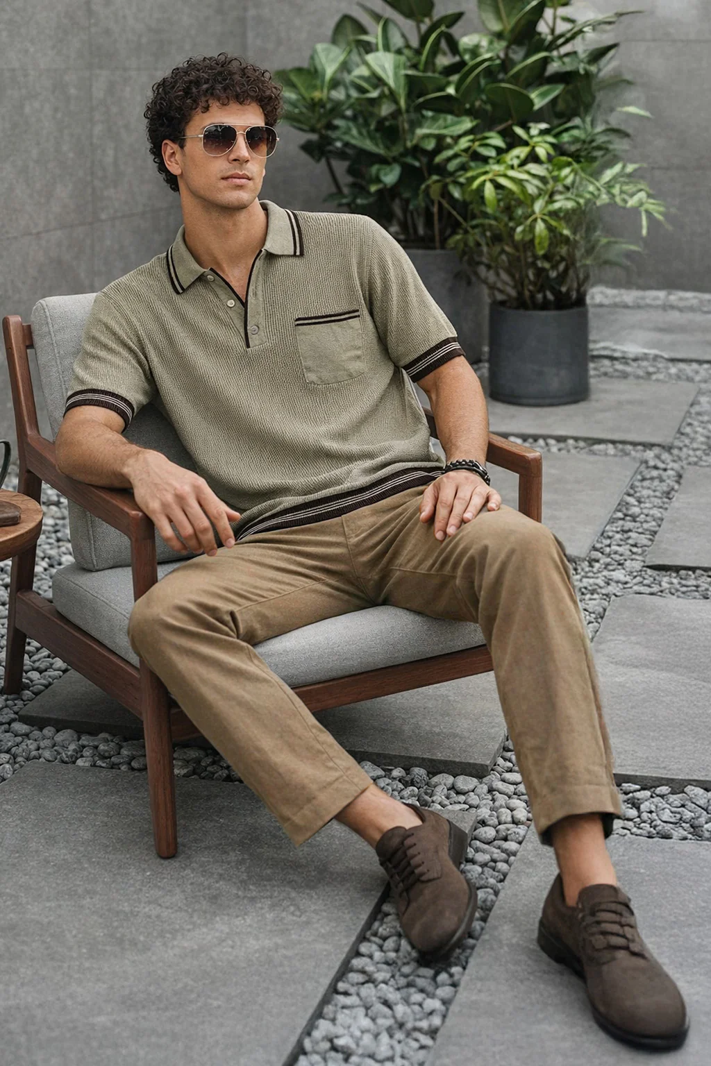 Cappuccino Contrast Beige Flatknit Textured Regular Fit Exclusive Polo T-Shirt - Image 5
