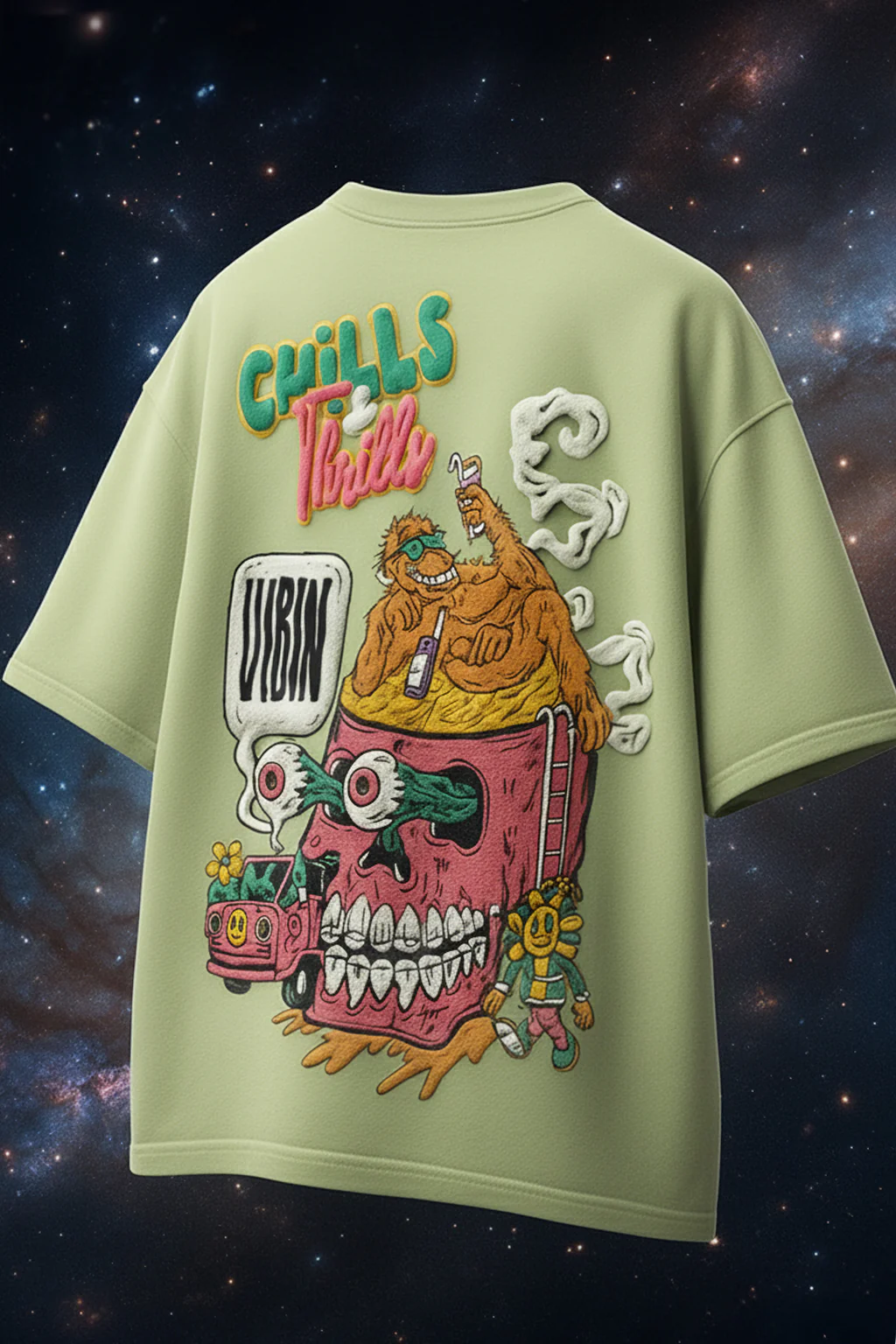 Chill Thrills Lime Green Oversized Puff Printed Exclusive T-shirt