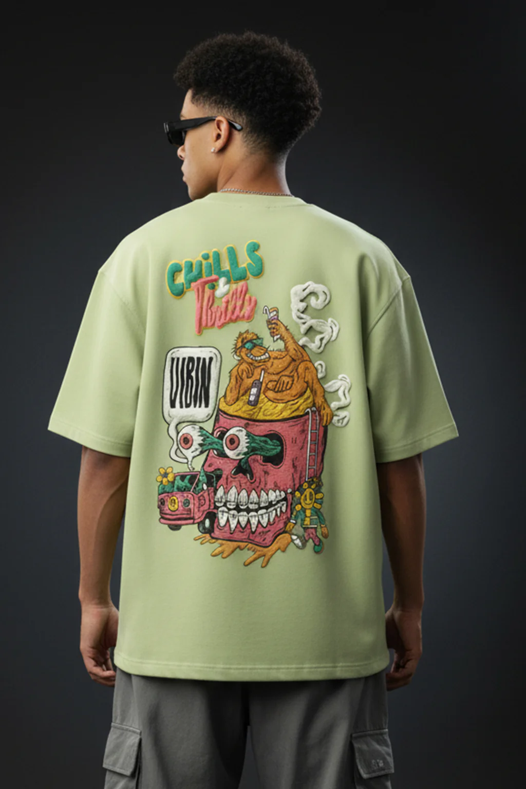Chill Thrills Lime Green Oversized Puff Printed Exclusive T-shirt - Image 3
