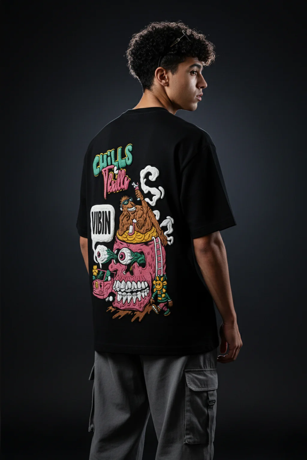 Chill Thrills Navy Oversized Puff Printed Exclusive T-shirt - Image 3