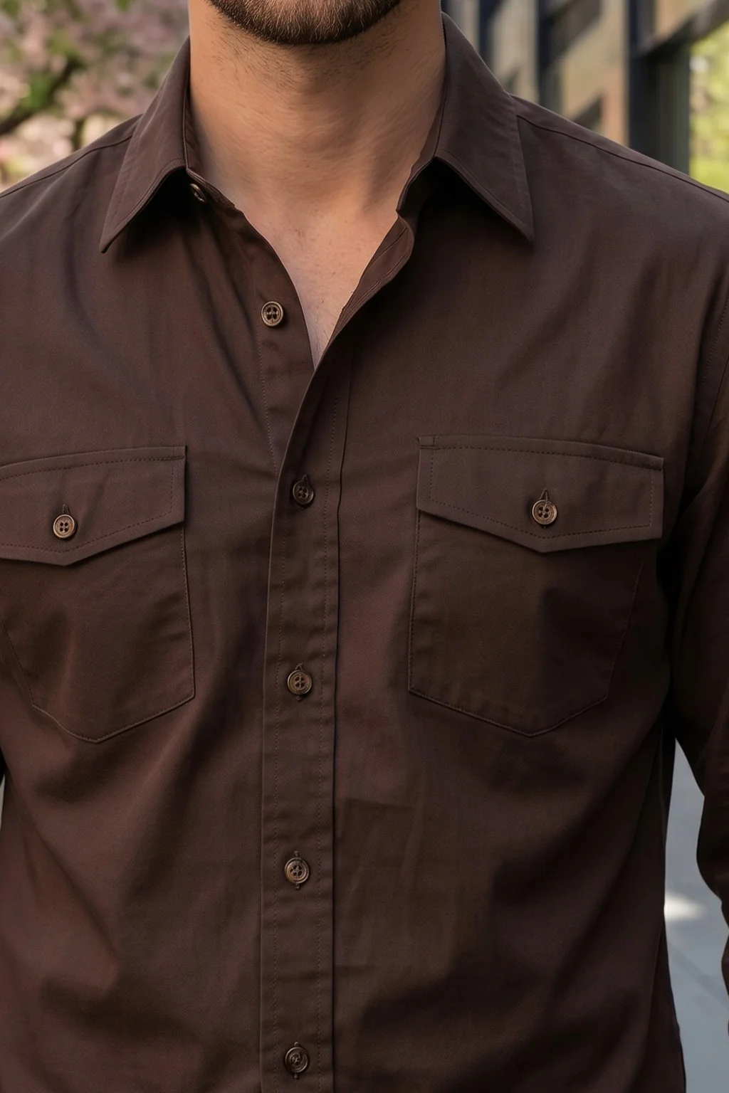 Chocolate Plain Relaxed Fit Full Sleeve Dual Pocket Utility Exclusive Shirt - Image 2