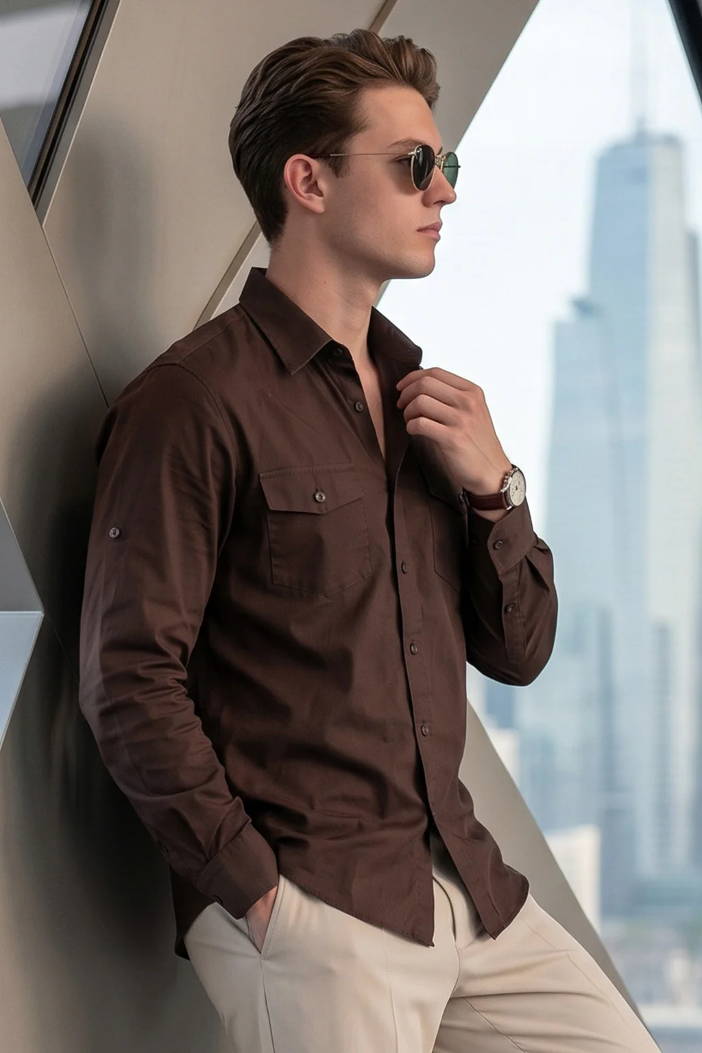 Chocolate Plain Relaxed Fit Full Sleeve Dual Pocket Utility Exclusive Shirt - Image 3