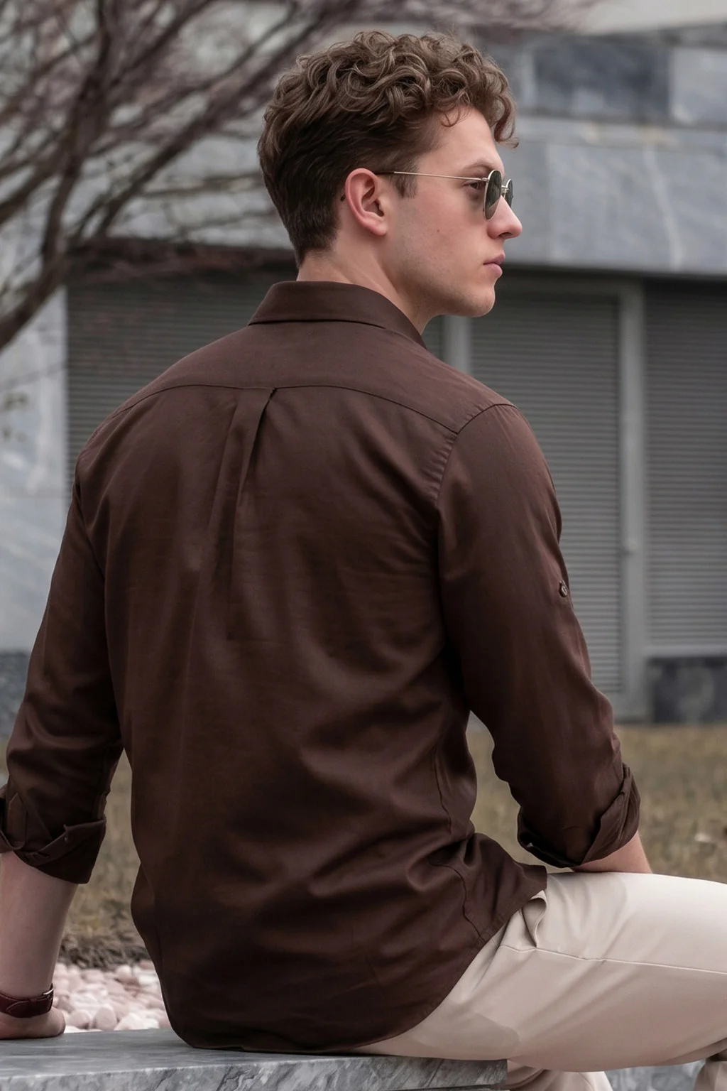Chocolate Plain Relaxed Fit Full Sleeve Dual Pocket Utility Exclusive Shirt - Image 4